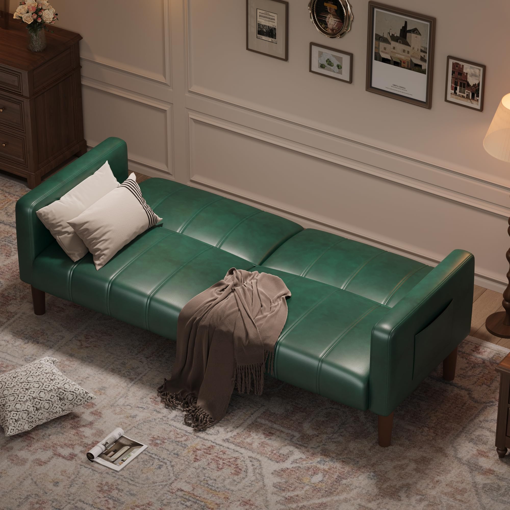 GarveeHome Futon Sofa Bed, 75-Inch Modern Faux Leather Convertible Couch, Mid-Century Loveseat for Small Space, Living Room, Bedroom, Green
