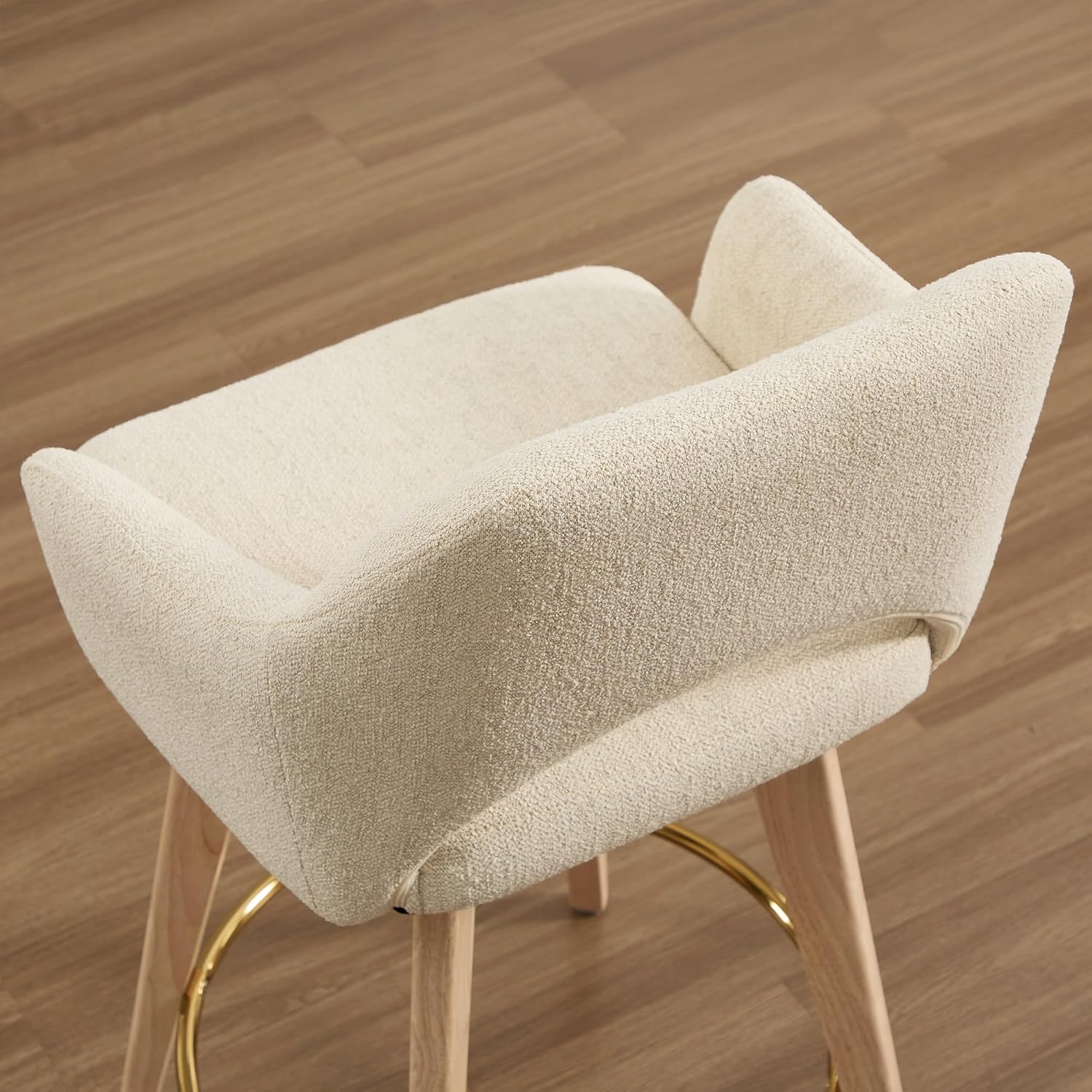 Zesthouse Swivel Bar Stools Set of 4, Wooden Counter Height Bar Stools with Arm & Back, Upholstered Linen Fabric Barstools with Solid Wood Legs & Gold Metal Ring, High Chairs for Kitchen Island, Beige