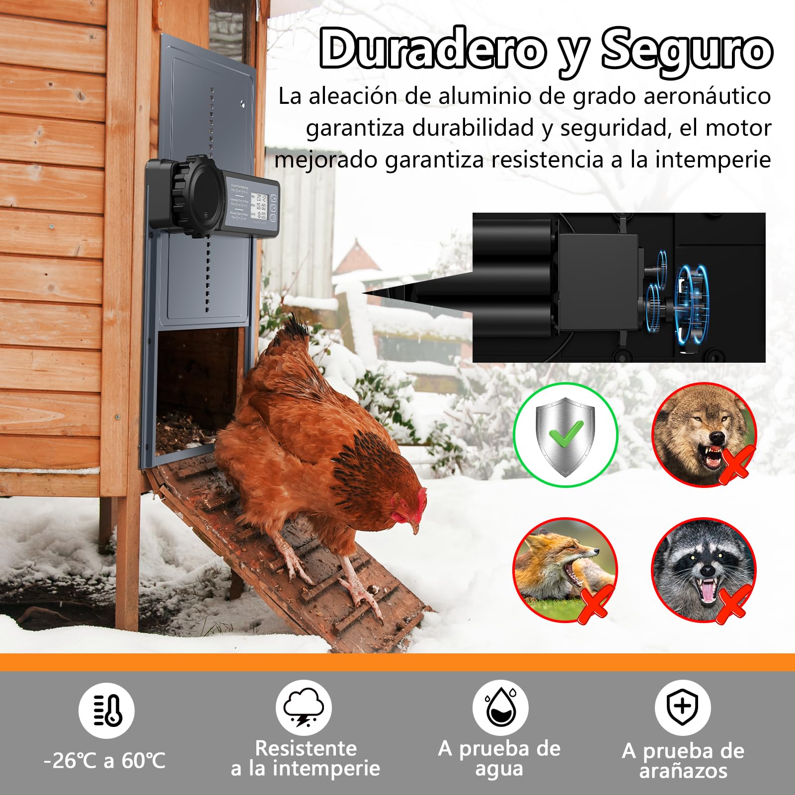 CHAMUTY Puerta Gallinero Automatica con Pantalla LCD Grande, Puerta Automatica Gallinero Aleación de Aluminio con Temporizador, Manual, Anti-atrapamiento, Puertas Automaticas para Gallinero Batería