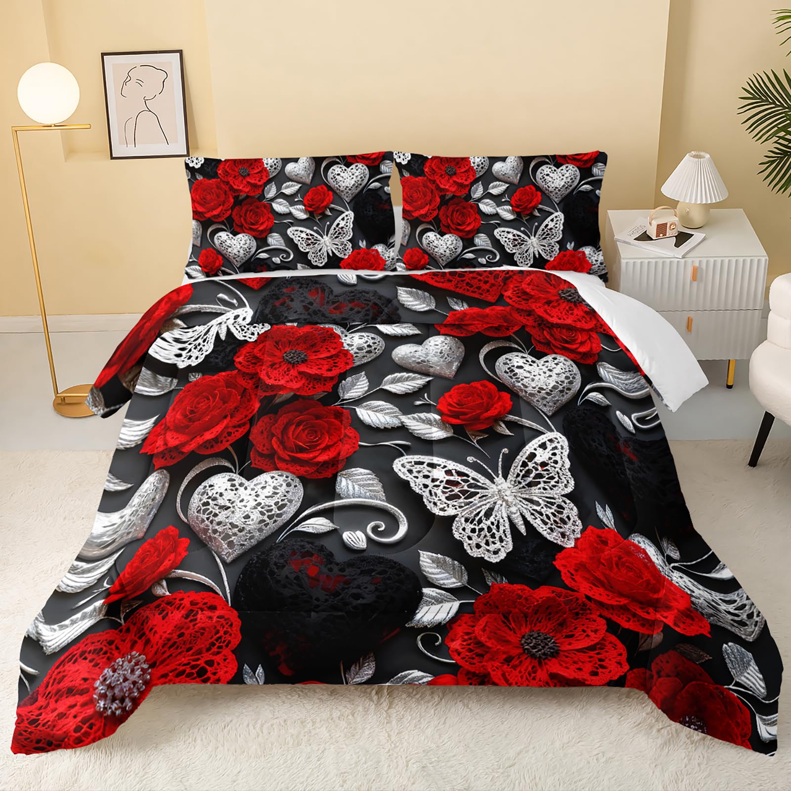 QOOMO Red Flowers Kids Bedding Set,Cartoon Plants Comforter Set Queen Size for Boys Girls Teen Room Decorat,Soft Lightweight Bed Set All Season,1 Comforter 2 Pillowcases