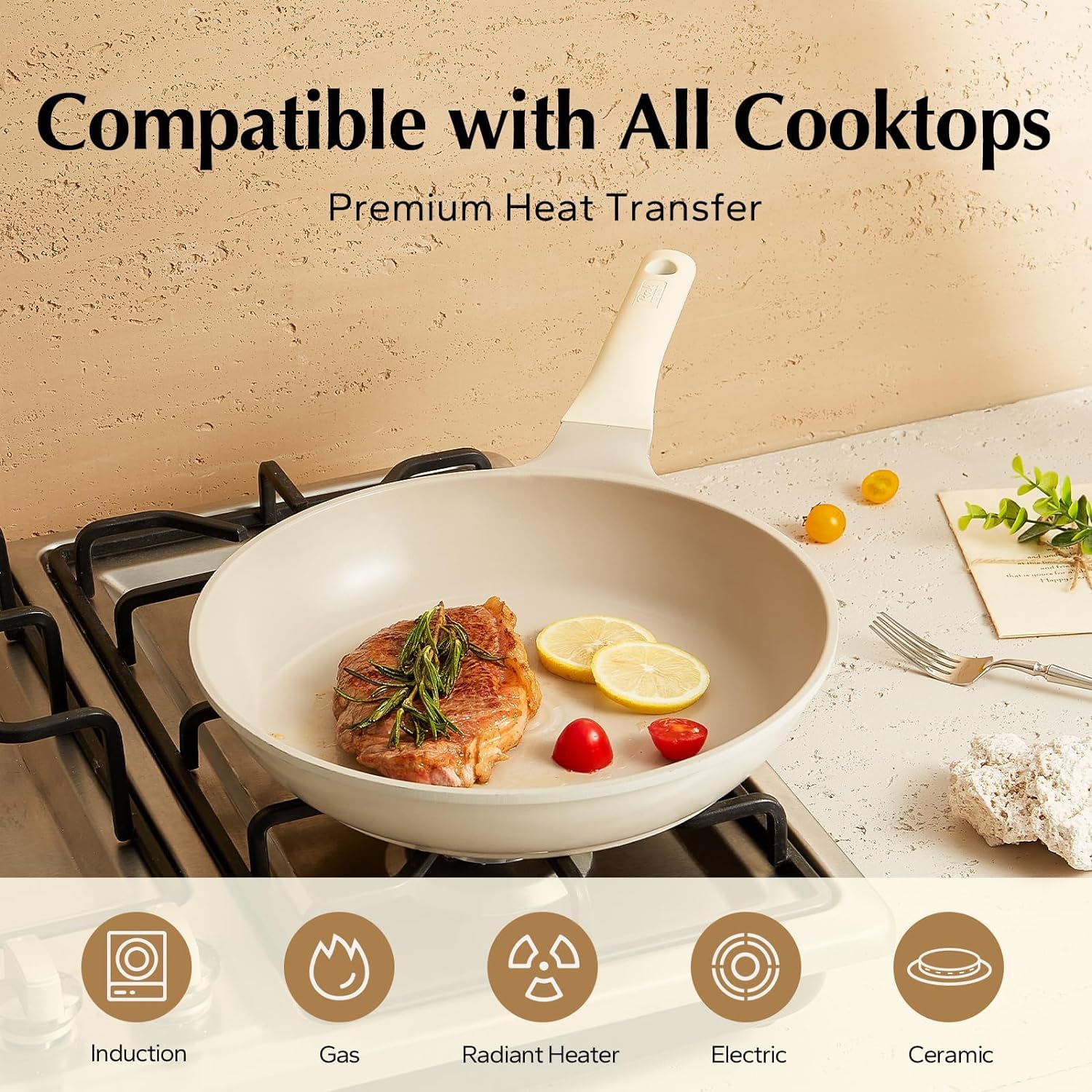 Redchef Pannenset, 4 stuks, keramische aluminium braadpannen, anti- aanbaklaag, 20/24/28 cm, voor alle warmtebronnen, PTFE-vrij, PFAS-vrij, PFOA -vrij, ovenvast (beige