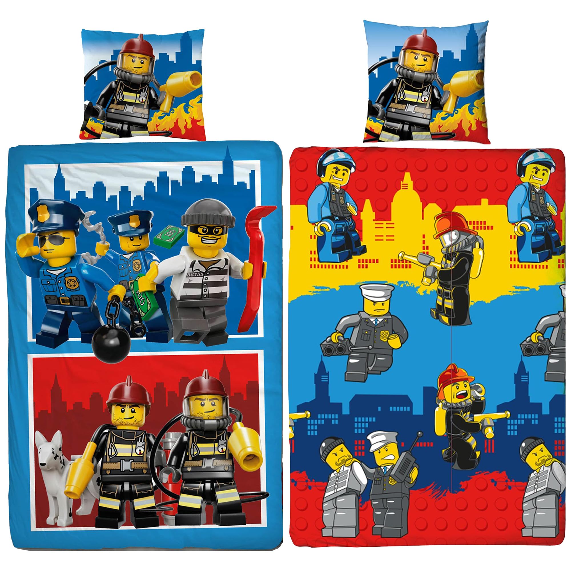 Beronage Multicoloured Lego City Classic Crew Children's Bed Linen 135 X 200 Cm + 80 X 80 Cm 100% Cotton Renforcé Linen Quality Police Fire Brigade Undercover With Zip German Size