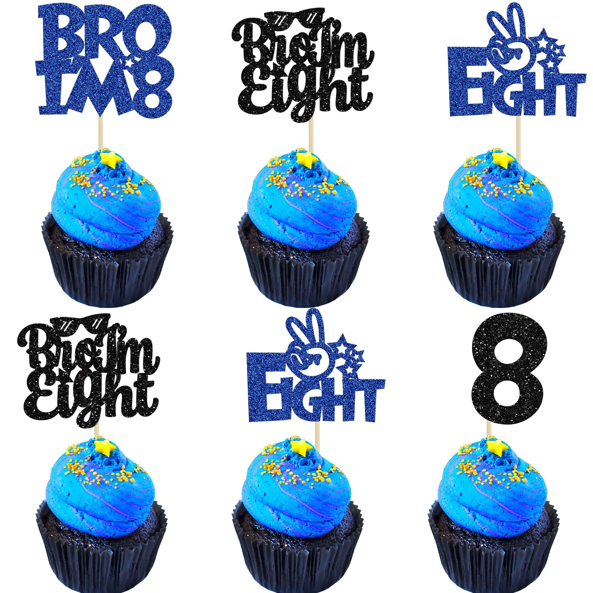 Ephlyn 24Pcs Bro I'm 8 Cupcake Toppers Glitter Boy 8th Birthday Cupcake Pick Decorations for Cheers to Eight Years Old Big Brother 8th Birthday Party Supplies