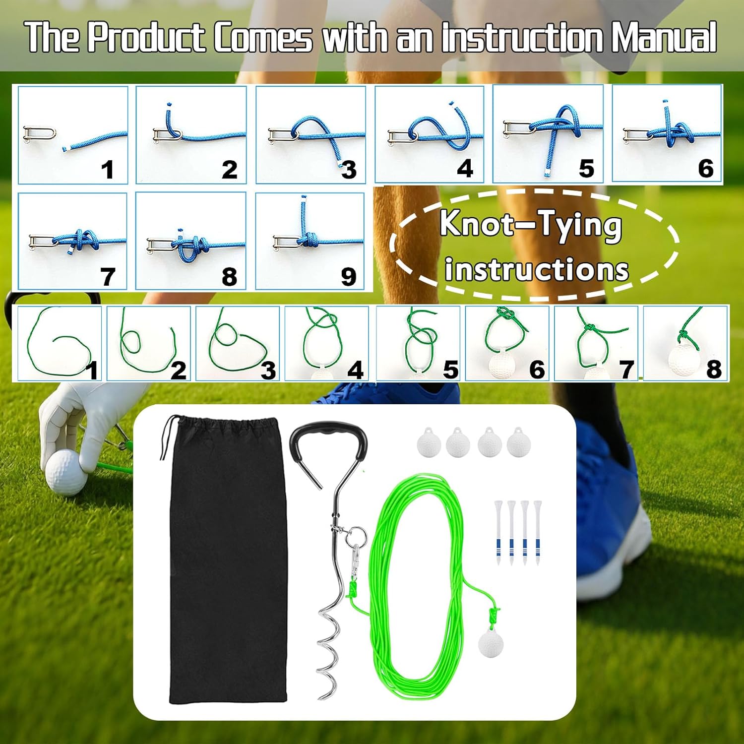 Golf Ball on a String Golf Training Tool Golf Swing Trainer | 65 Feet of Ball Flight Feedback | 4 Replaced Golf Balls | 4 Golf Stakes | Backyard Golf Practice at Home or Park Suitable for All Ages.