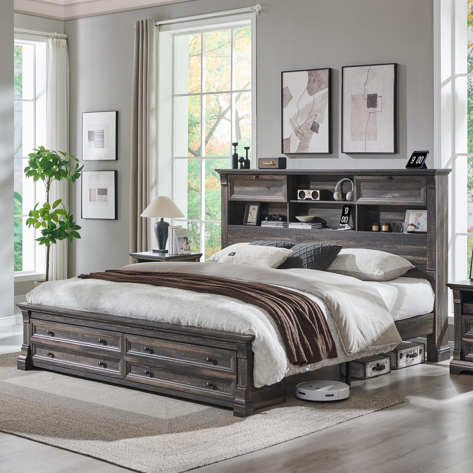 Farmhouse King Size Bed Frame with 54 Tall Headboard Headboard with 4 Storage Rack 2 Drawers 18 Roman