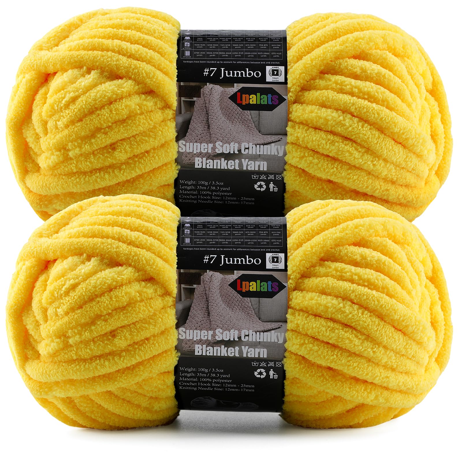 2-Pack Super Soft Chunky Yarn for Crocheting Blankets - 7oz/76.4yd Total, Thick &amp; Plush Chenille Yarn for Quick Baby Projects, Amigurumi, Scarves, Vivid Yellow