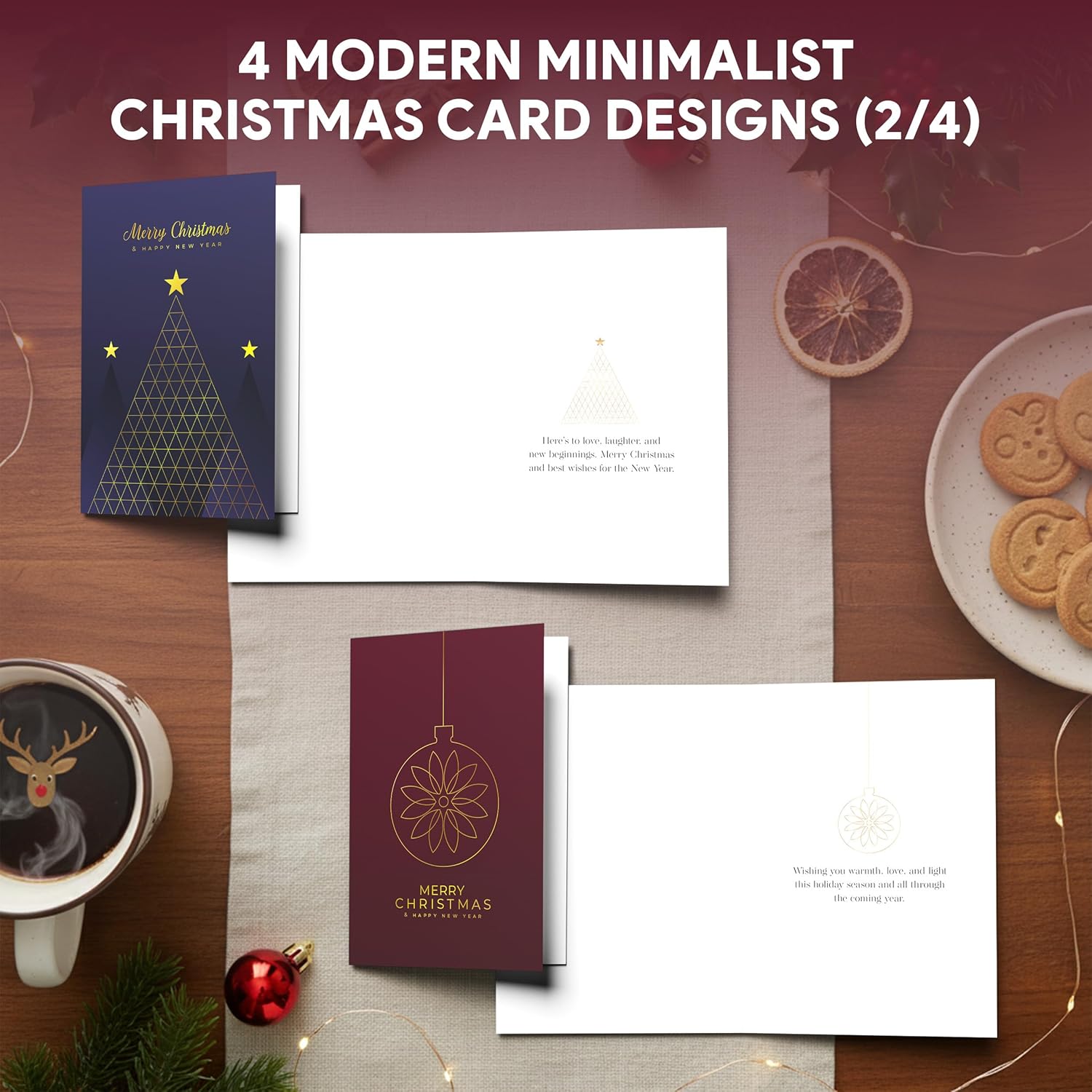 Decorably 24 Pack Gold Foil Embossed 4x6in Minimalist Modern Assorted Christmas Cards with Envelopes & Stickers - 4 Holiday Designs Seasons Greetings for Friends & Family, with Printed Message Inside - Image 4