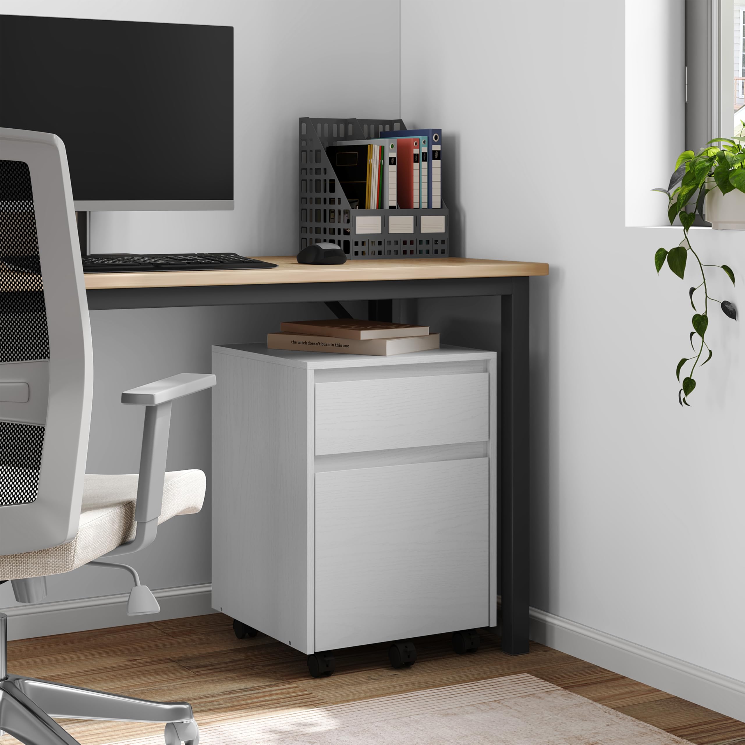 WOLTU Caisson de Bureau avec 2 Tiroirs, Armoire à Dossiers sur roulettes, Meuble de Rangement pour Documents A4, en Bois d'ingénieur PB, Blanc, 40x40x56cm,ASK11ws