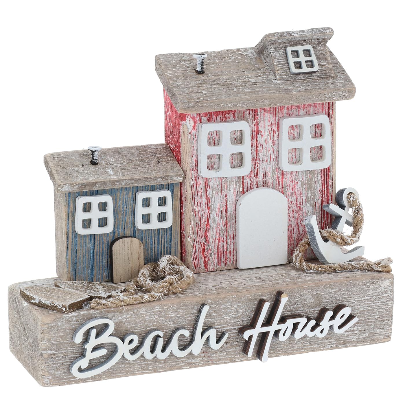 Shudehill Giftware Multicolour Sandy Bay Standing Beach House Ornament Decoration - Beach Rustic Themed Design With Lighthouse, Anchor, Log House And More