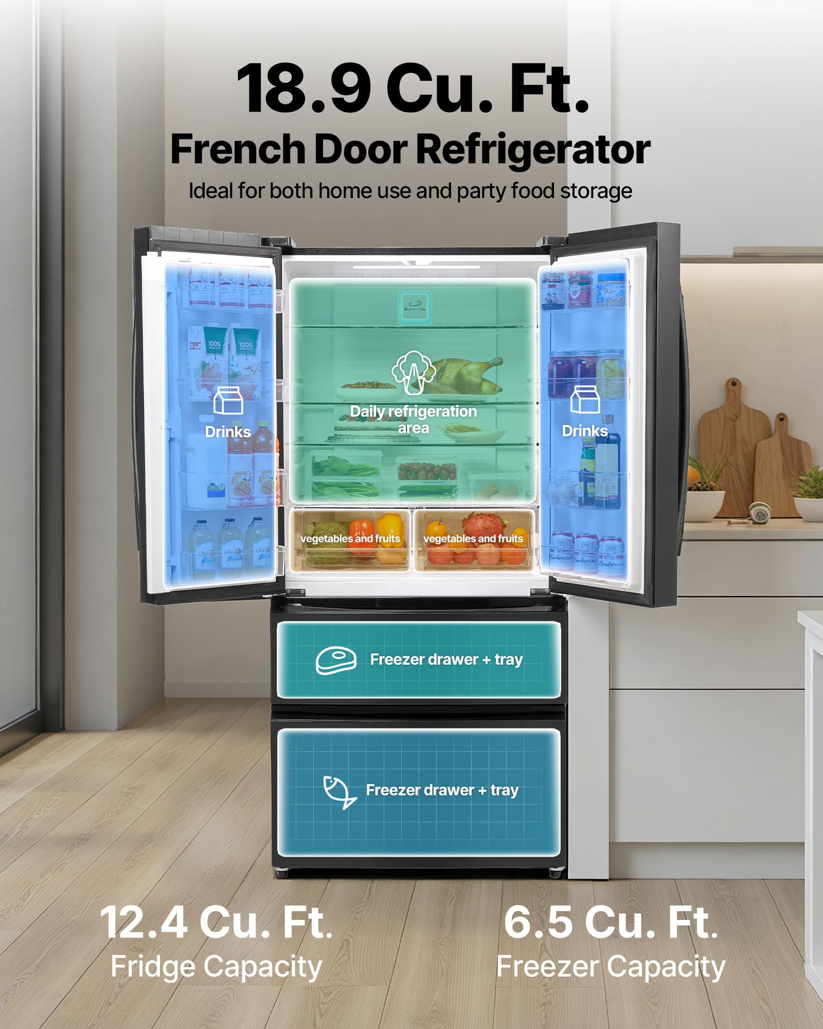 VEVOR French Door Refrigerator, 18.9 Cu. Ft. Kitchen Fridge, Counter Depth French Refrigerator with LED Display and 4 Casters, Frost-Free Bottom Freezer Refrigerators for Home & Commercial Use, Black on Fridge.com