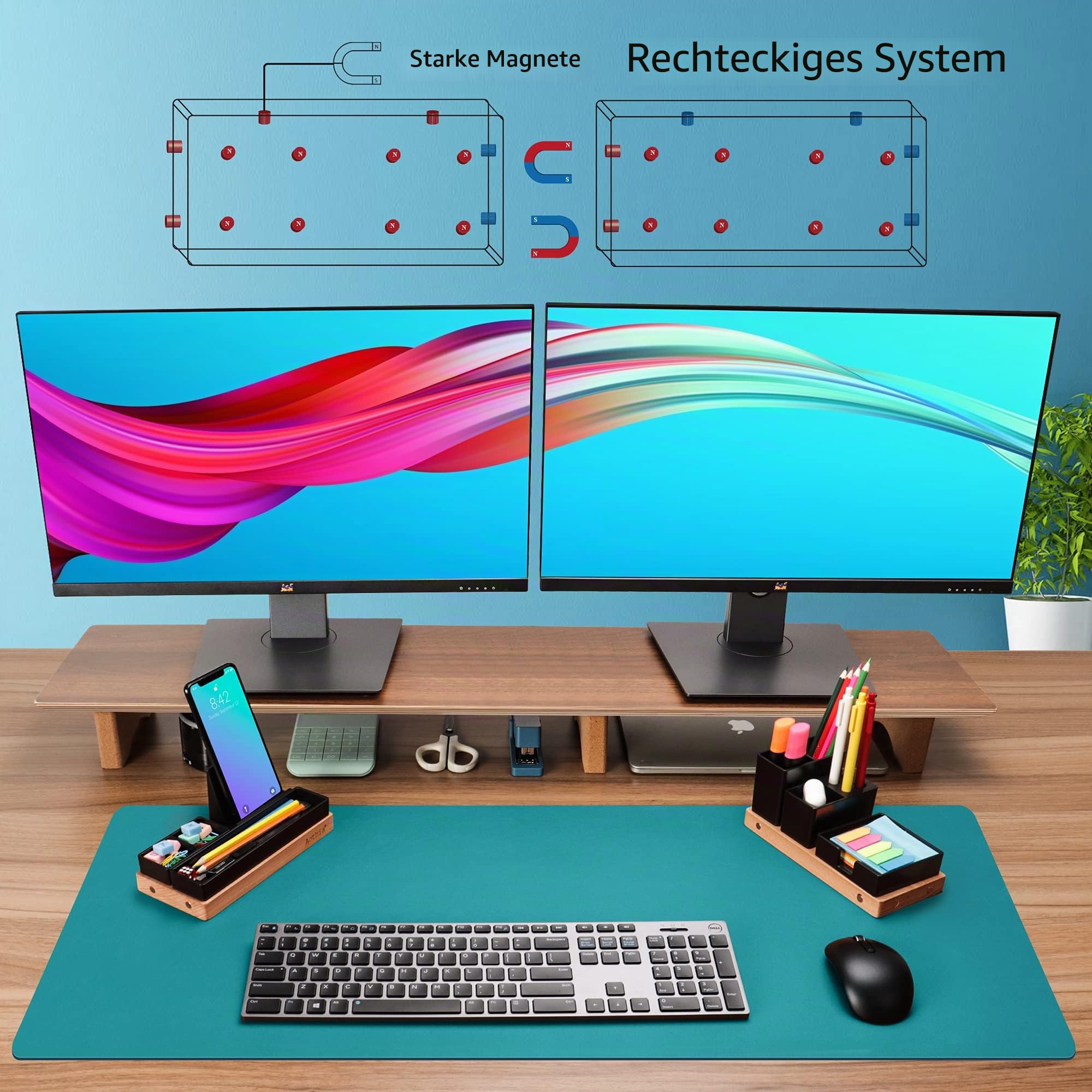 Aothia Schreibtisch Organizer Tischorganizer Holz-Büro Organizer-Verstellbarer Stifthalter, Telefonständer, Haftnotizen,Bleistiftschale, DIY-Dekoration-Tisch Organizer,Schwarz