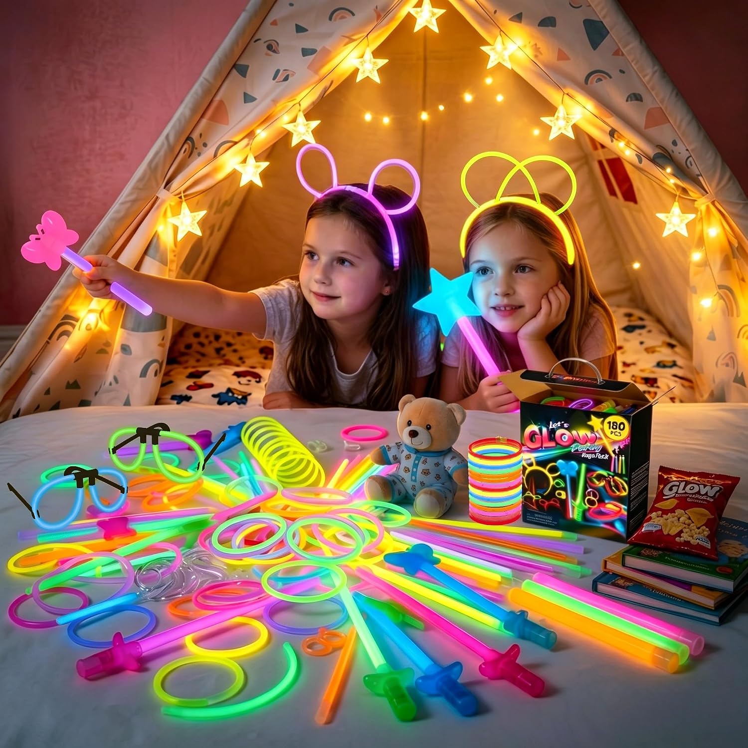 180 PCS Glow Sticks Bulk Party Pack, Glow in the Dark Party Supplies for Kids, Glow Party Favors & Accessories for Girls Birthday Party, Sleepover Slumber Party, Kids Party Favors Toys