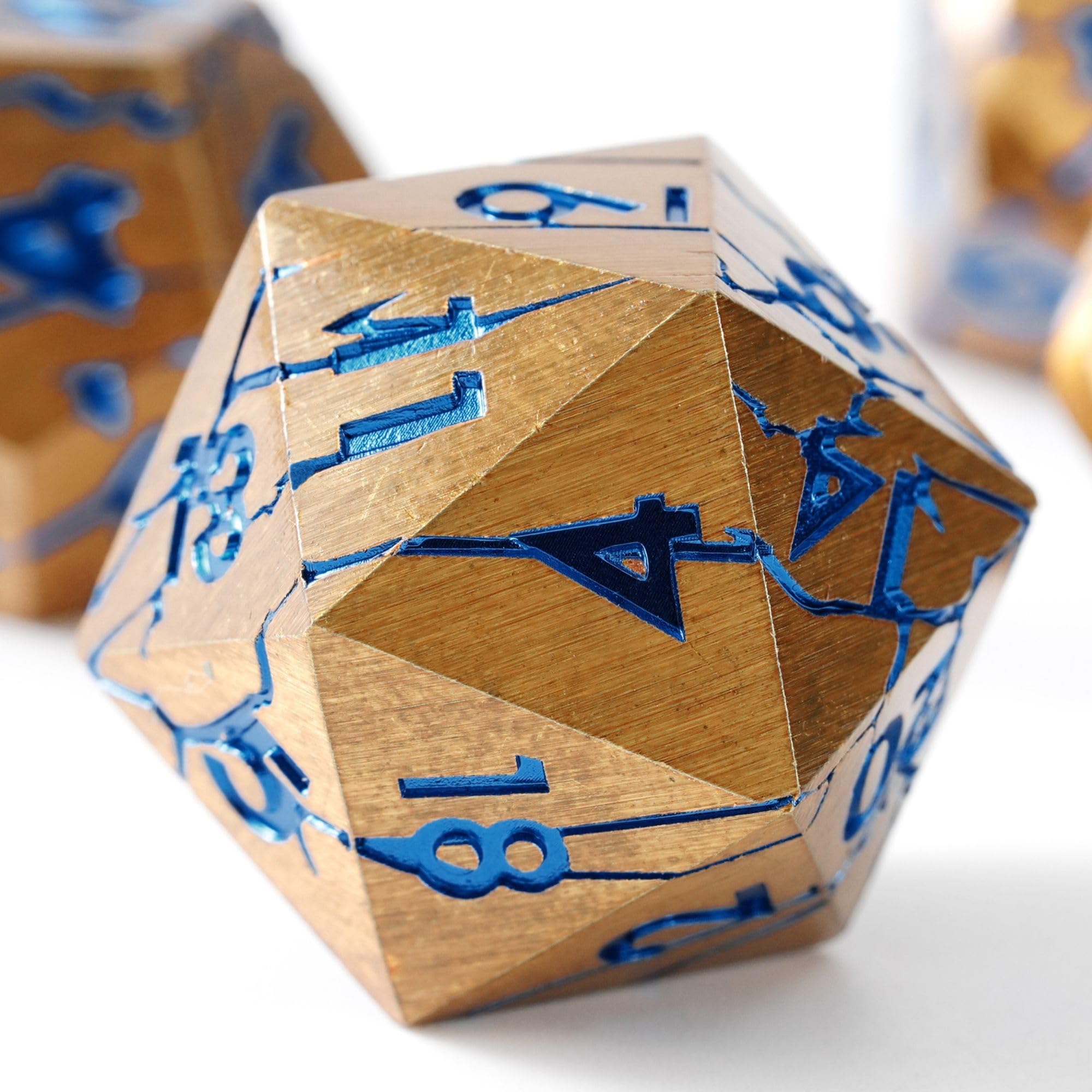 DND Metal Dice - Pharaoh Ruins Gold with Blue Cracks - Polyhedral Dice Set for D&D, RPG and More - Beautifully Detailed for Dungeons and Dragons