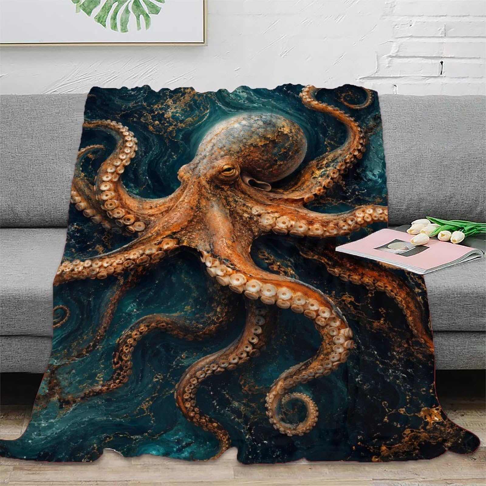 W7C8U2X3 Textured Ocean Octopus Blanket, Flannel, TV, Ocean Fantasy Art