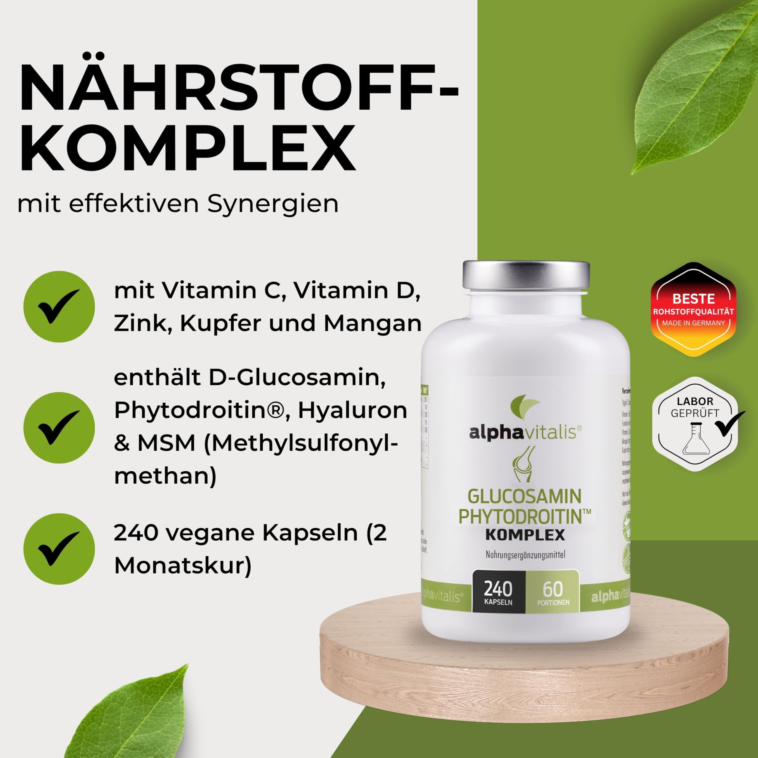 Glucosamin Kapseln + Phytodroitin® - 240 Stück - 1800mg veganer Komplex mit MSM, Hyaluronsäure, Vitamin C, D, Zink, Kupfer und Mangan ohne Magnesiumstearat