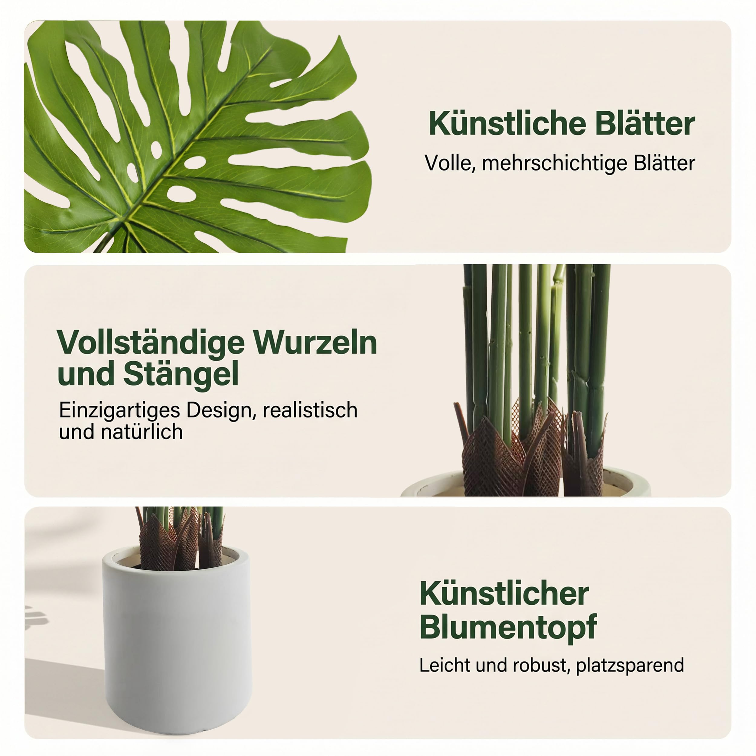 BEAUTYPEAK 140cm Monstera Künstliche Pflanze Wie Echt mit Weißem Topf | Kunstpflanze in Dichtes Laubwerk, Biegbare Blätter, Zimmerpflanze Deko für Wohnzimmer, Balkon,Büro,Flur, 2 Stück Fake Plants