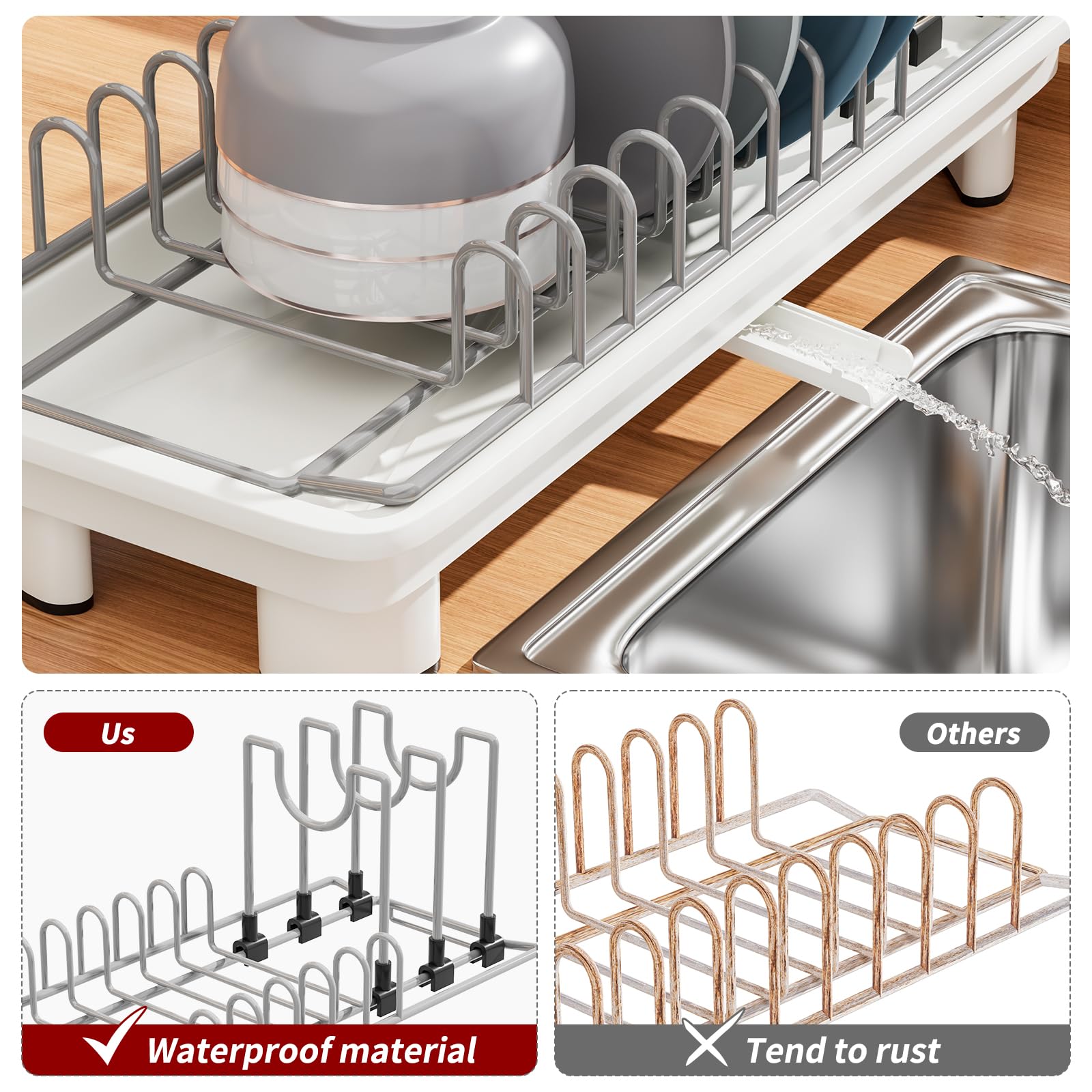 SanDream Escurridor de platos pequeño, estante compacto para encimera de cocina con soporte extraíble para cubiertos, boquilla giratoria de 360°, escurridor de platos multifuncional de acero