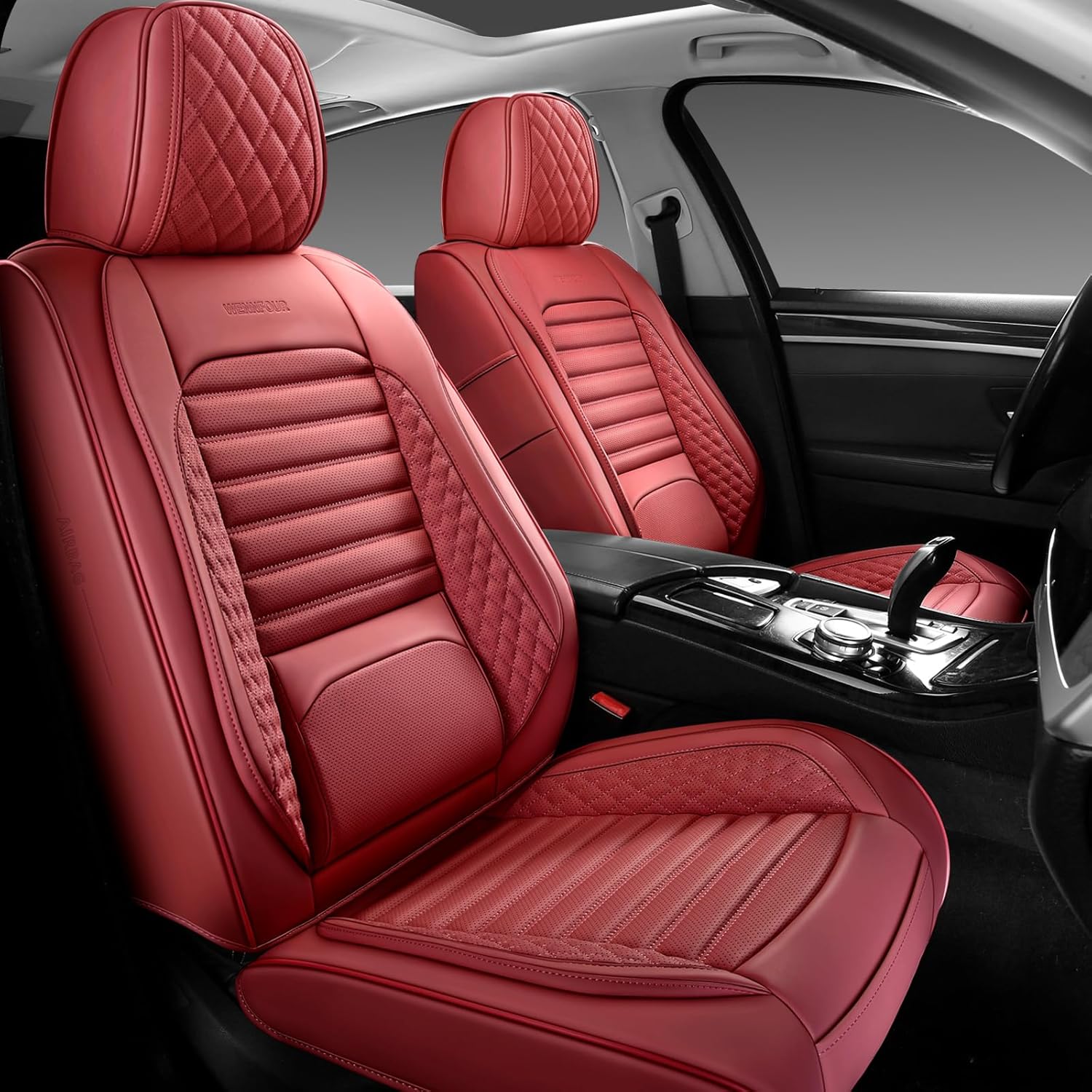 Front Car Seat Covers, Universal Leather Seat Covers with Headrest Pillows for Most Cars SUVs Pickup Trucks, Full Coverage Car Seat Protectors, 2 Seats Car Seat Cushion, Wine Red Wine Red Front Pair-2 Seats