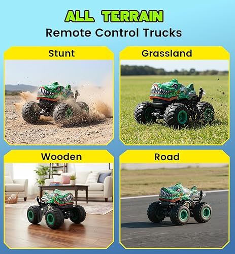 Miniatura 4 de Camión monstruo de juguete 120 para niños, auto de control remoto todo terreno de 2.4 GHz con luz y música, autos RC con giros de 360 y maniobras de