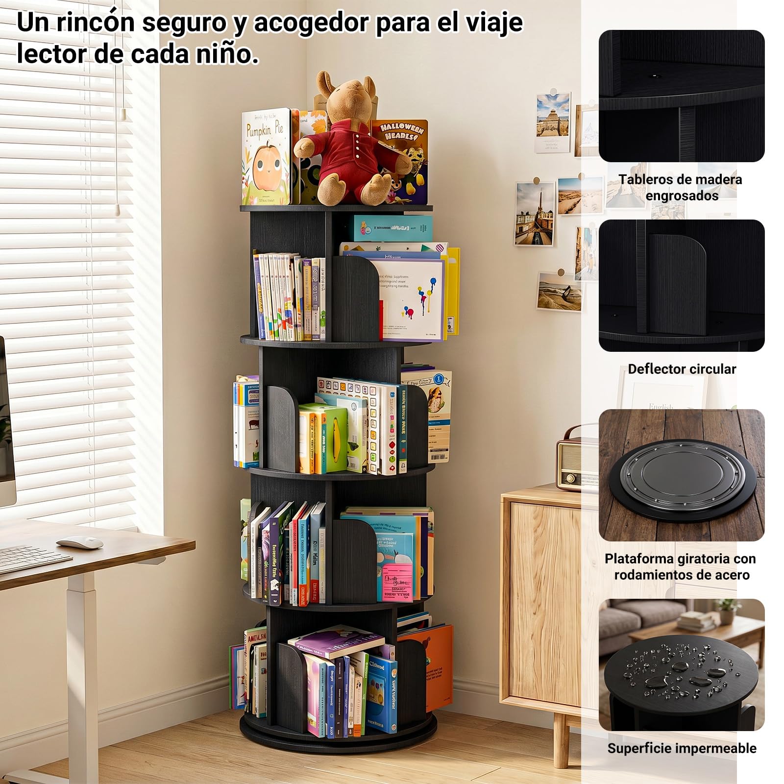 Homieasy Estantería Giratoria 5 Niveles, 360 Grados, Negro | 162x40cm, Torre de Libros con 20 Compartimentos, Ahorro Espacio, Salón, Oficina y Estudio, MDF