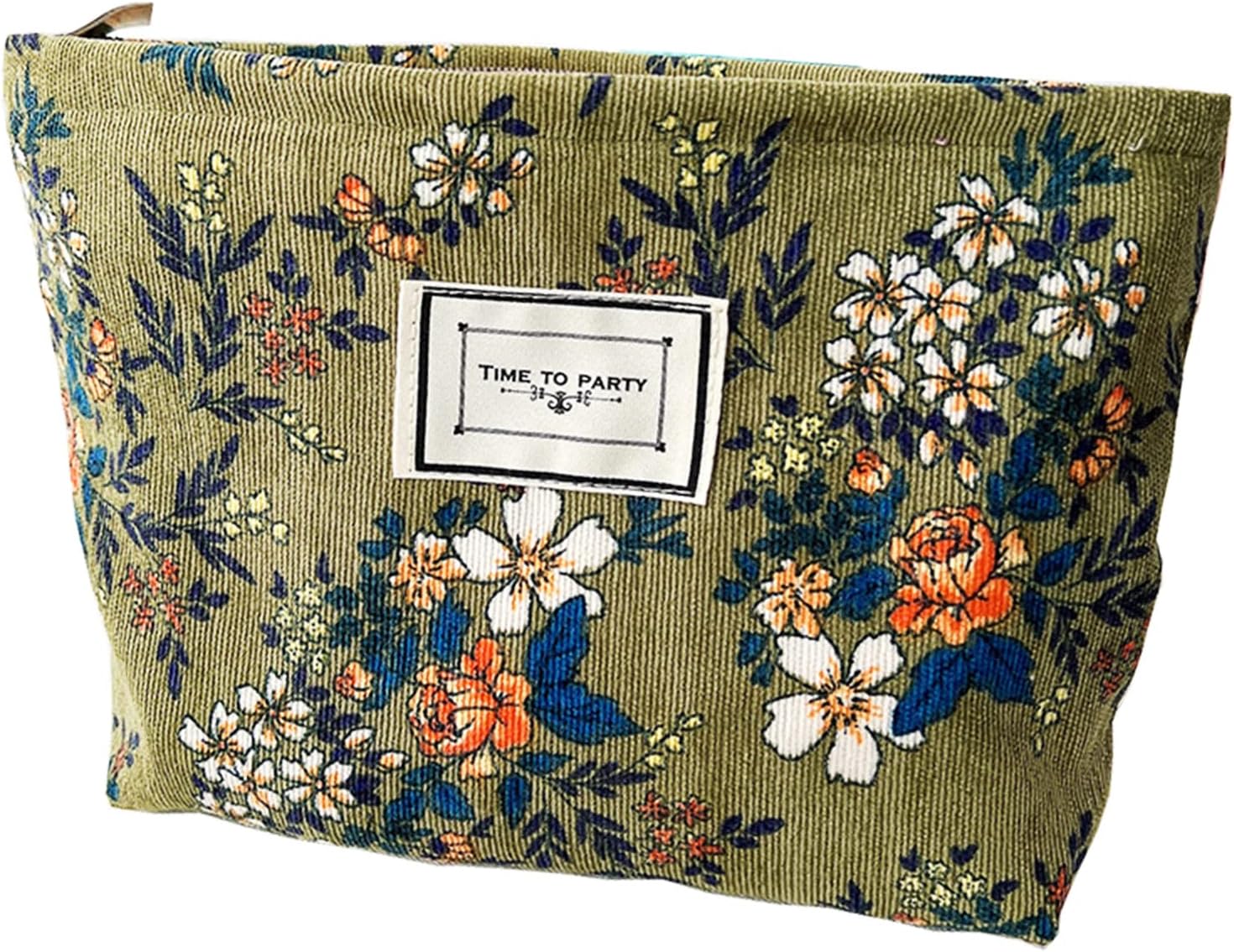 Flower Fabric Makeup Bag for Purse, Vintage Corduroy Cosmetic Pouch Bag, Portable Travel Handbag for Women Girls (Green with mixed flowers)