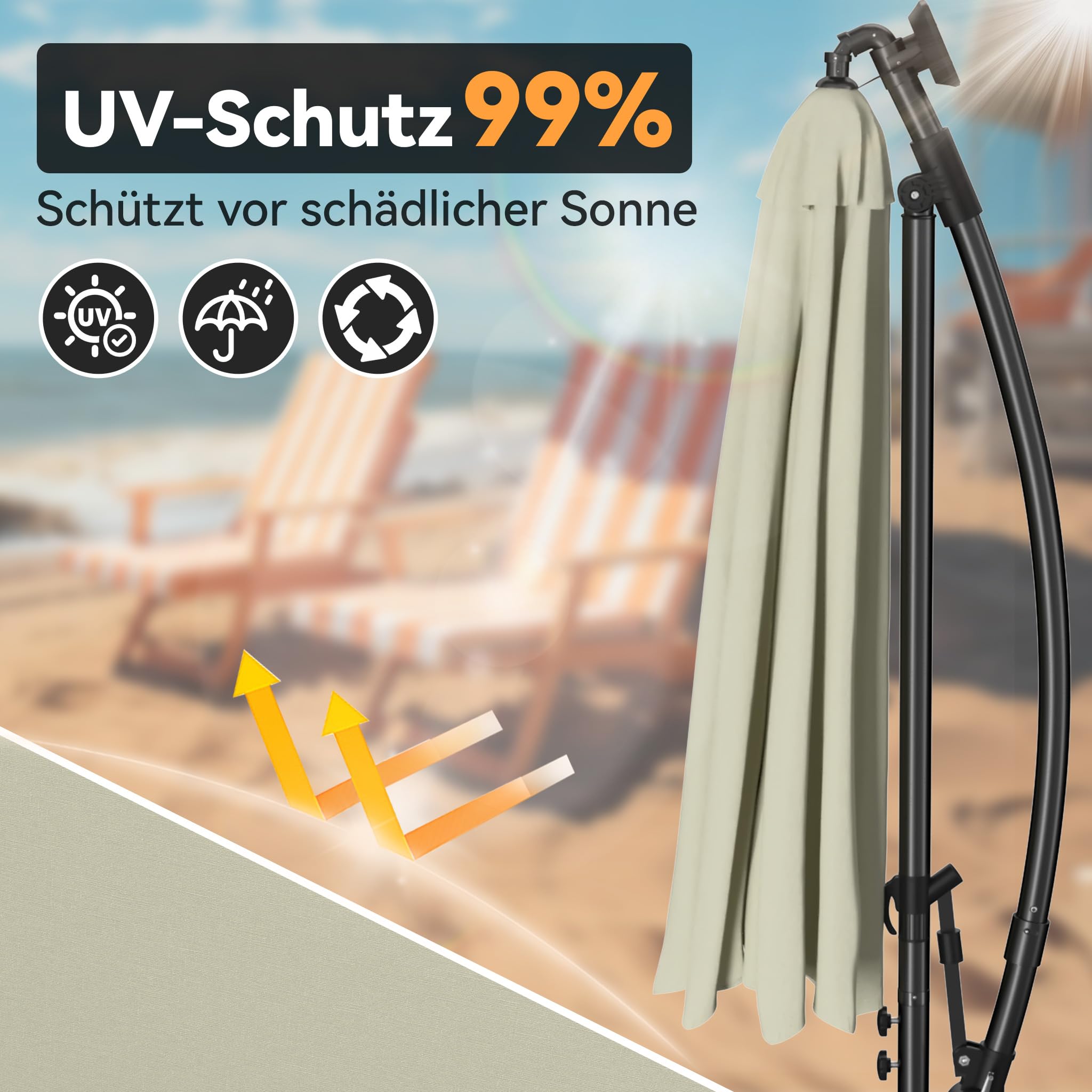 Aufun Ombrelloni in alluminio 300 cm con protezione solare a LED bianchi protezione UV 40+ - ombrellone balcone ombrellone da giardino regolabile in altezza (beige con LED solare)