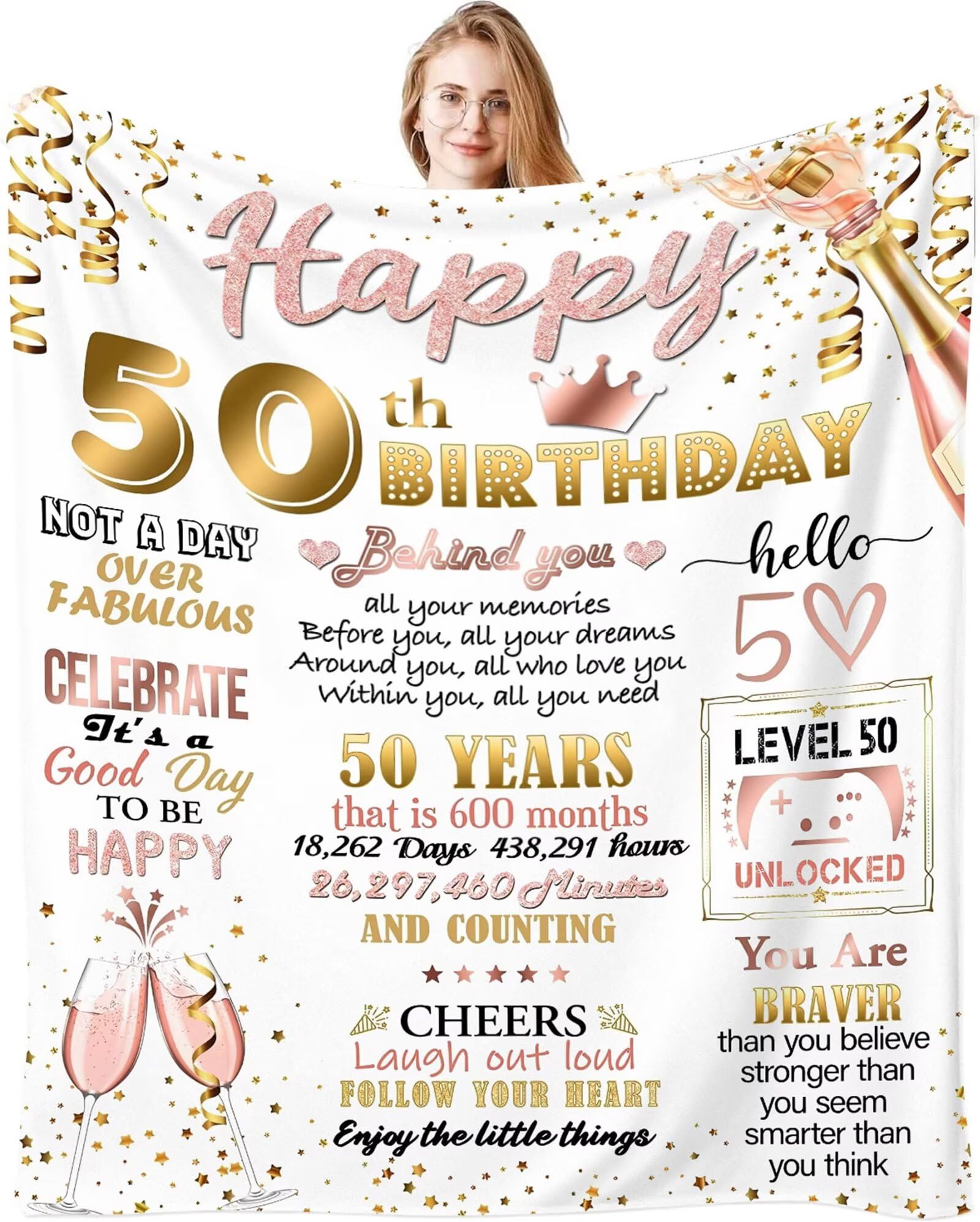 Fecifte 50th Birthday Gifts Blanket for Women, 50 Year Old Birthday Decorations Presents, Personalised Flanell 50th Birthday Blanket Gifts for Women Wife Sister 50"x60"