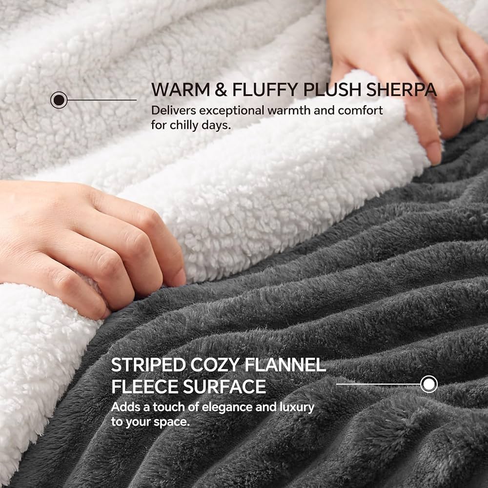 Infiixso Sherpa Twin Blanket for Bed - Striped Flannel Fleece
