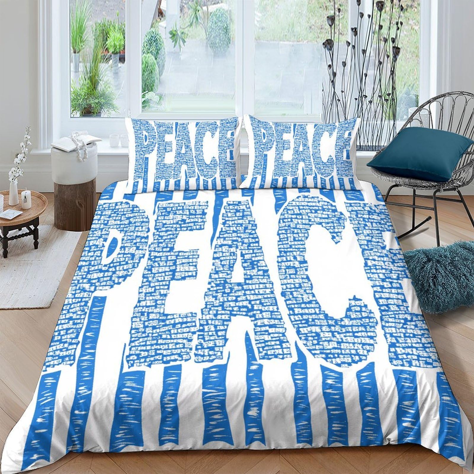 Ctjqhvkz Style-10 3D Printed Blue Peace Typography Fitted Sheet Microfiber Bedroom Decor Mattress Cover For Adults Teens Guest Room Single（135X200cm）