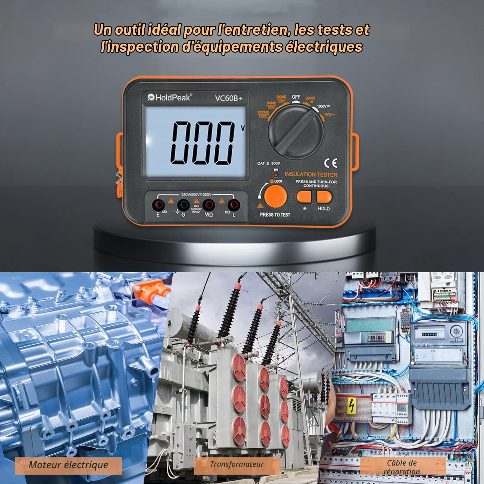 Testeur de Résistance D'isolement, LCD Numérique Megohmmeter Résistance D'isolement 2000MΩ, MegOhmmeter 1999 Counts DC/AC Voltmeter, Tension de Test 250V/500V/1000V, Indication de Haute Tension