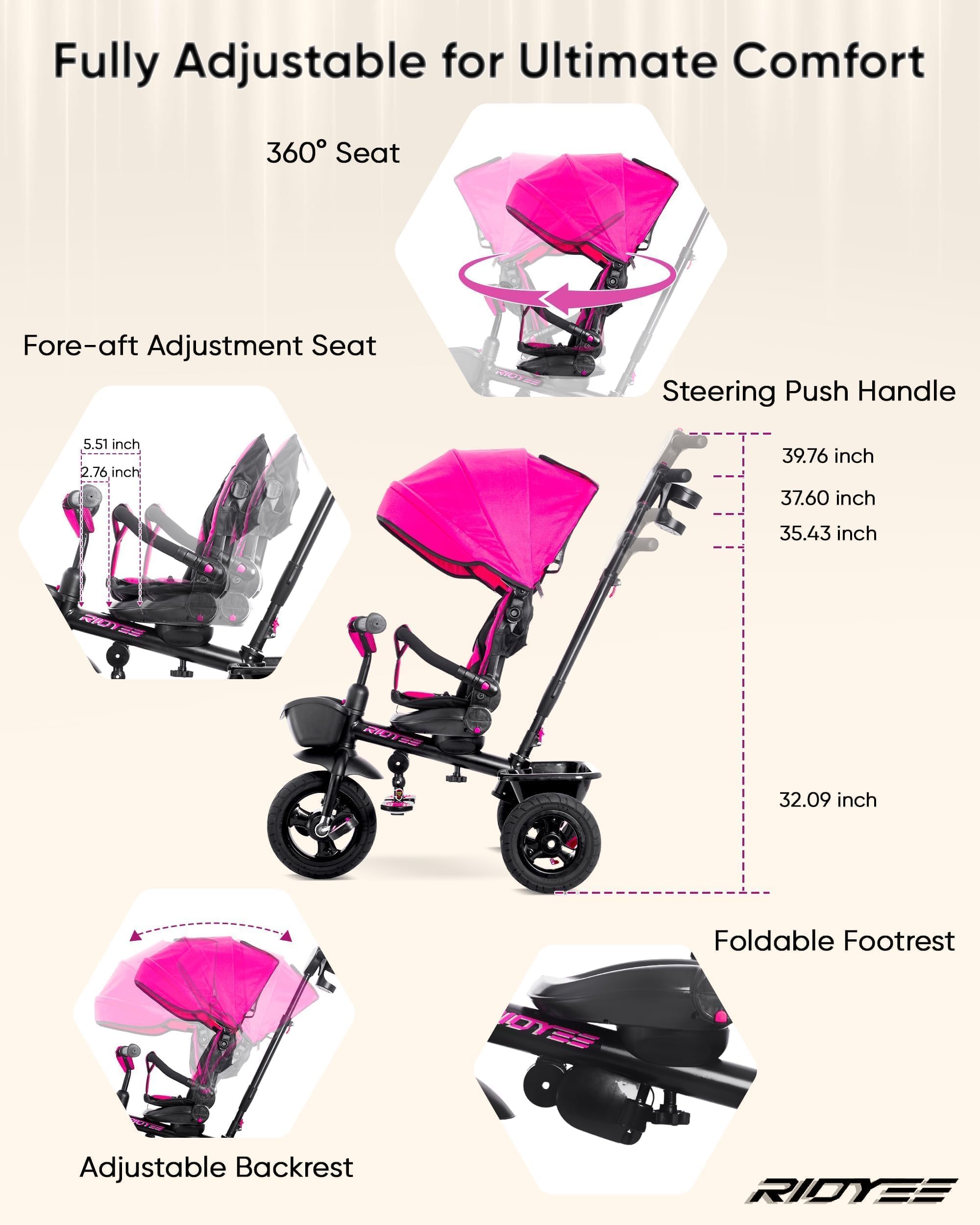 RIDYEE - Triciclo 7 en 1 para 18 meses a 5 años, neumáticos de goma todo terreno, frenos de rueda dobles, asiento giratorio para niños de 1.5 a 3, triciclo para niños de 3 a 5 años con calcomanías