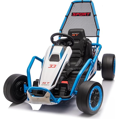 24V 8.5 MPH Electric Go Kart for Kids, 400W Powerful Drift Kart w/Front EVA Wheel & Metal Frame, Ride on Toy w/Music & Lights, Suspension, 2 Speed, 5 Point Harness, Crazy Cart for Ages 6+, Blue
