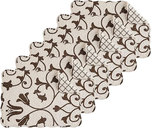 C&F Home Sophia - Juego de 6 manteles individuales de algodón acolchado reversible con diseño vintage, 6 bordes festoneados, enrejado marrón,
