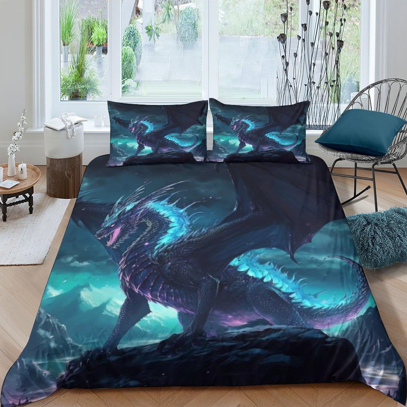 TNFHSOFT Flying Dragon Duvet Cover Set Kids Cool Animals Bedding Set for Boys Girls Adults 3 Pieces Quilt Cover Zipper Closure with Pillowcase Double（200x200cm）