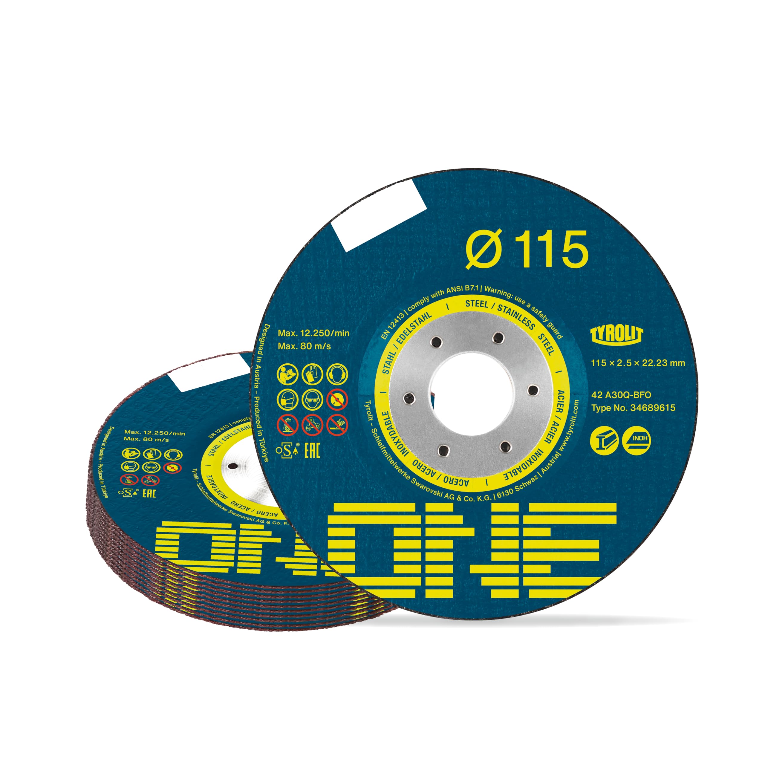 TYROLIT ONE Lot de 25 disques à tronçonner en métal 2 en 1 – Disques de meuleuse d'angle durables pour une coupe super rapide en acier inoxydable – 115 mm x 2,5 mm x 22,23 mm