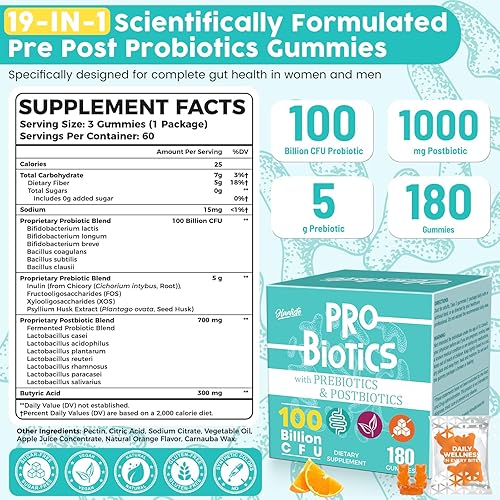 Miniatura 2 de Gomitas probióticas 19 en 1, prebióticos probióticos posbióticos, 100 mil millones de UFC para mujeres y hombres, apoyo inmunitario, intestinal y