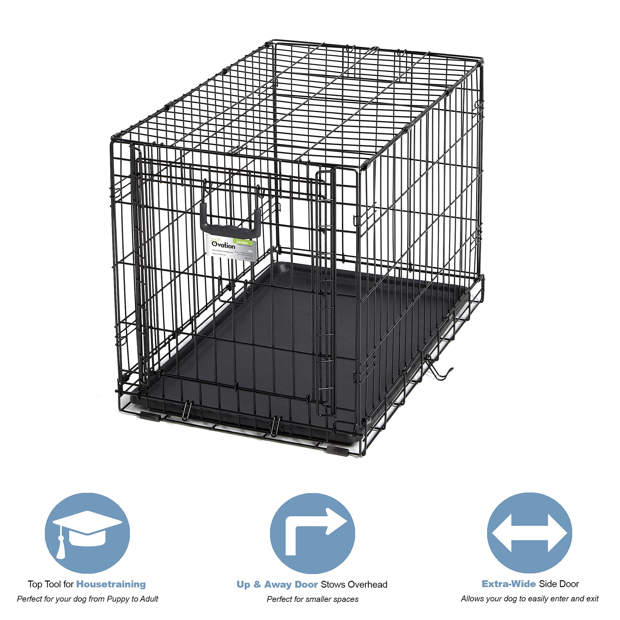 MidWest Homes for Pets Gabbia metallica Ovation pieghevole per cani taglia media, porta singola, lunga 76,2 cm, pannello divisorio, piedini protettivi, vaschetta a tenuta stagna, nero, mod. 1930