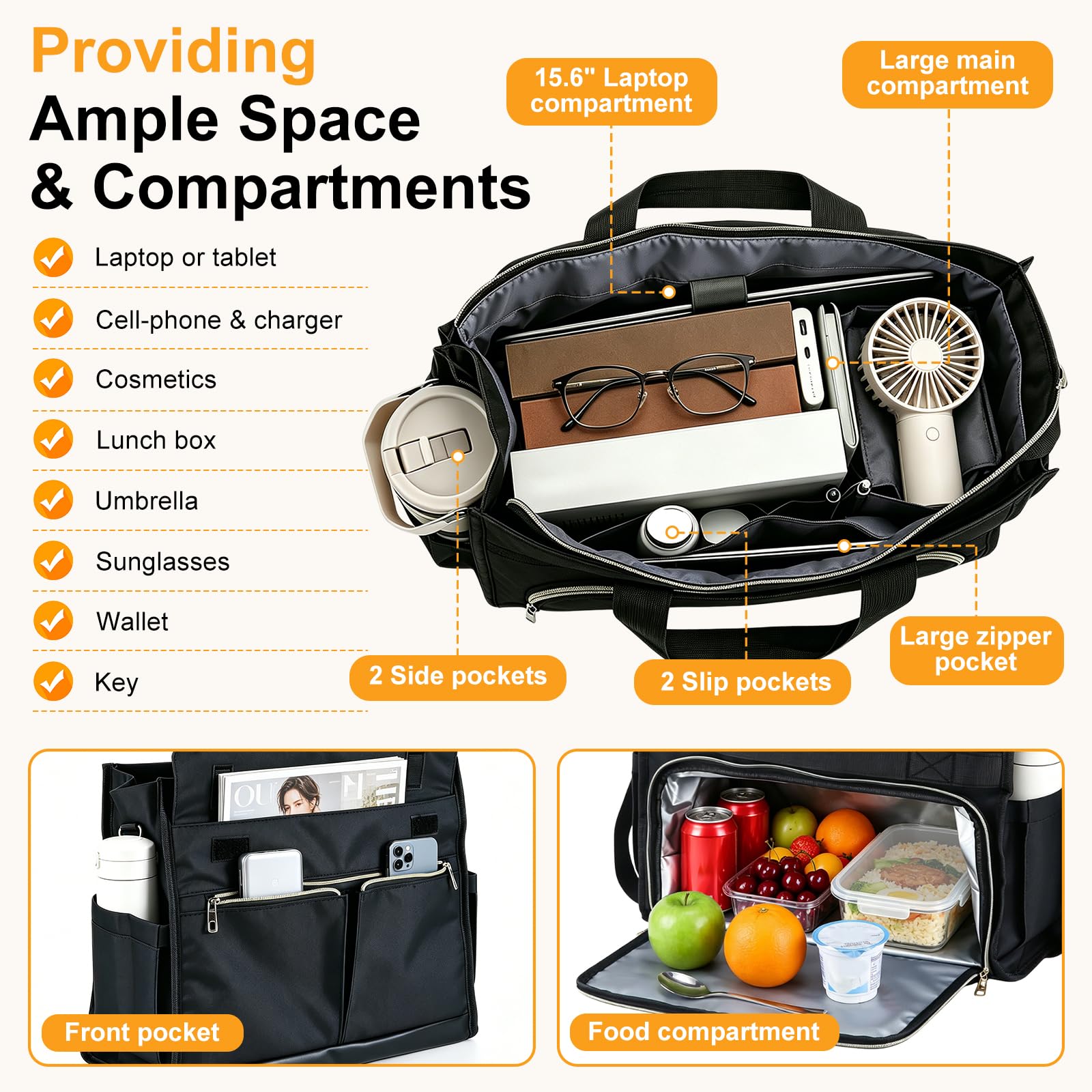 2 en 1 Bolso de Mano para Ordenador portátil de 15,6 pulgadas | Bolsa de Almuerzo para Mujer,Bolso de Trabajo Elegante con compartimento aislado para el Trabajo,la Universidad,la Oficina