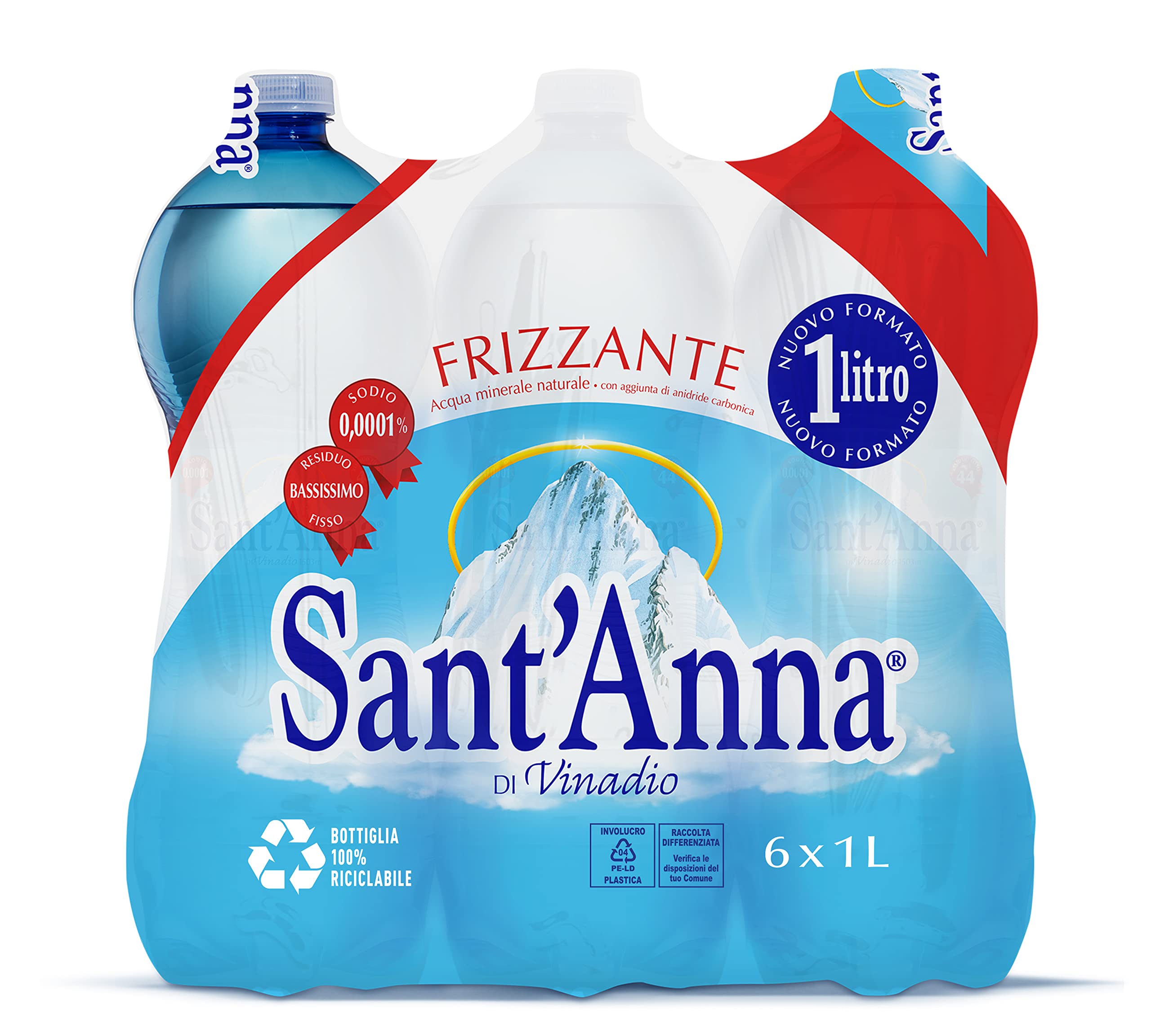 Acqua Sant'Anna Pack 1,0L Frizzante | 9 confezioni da 6 bottiglie | Acqua Minerale Naturale Oligominerale Minimamente mineralizzata | Bottiglie di Plastica 100% Riciclabile