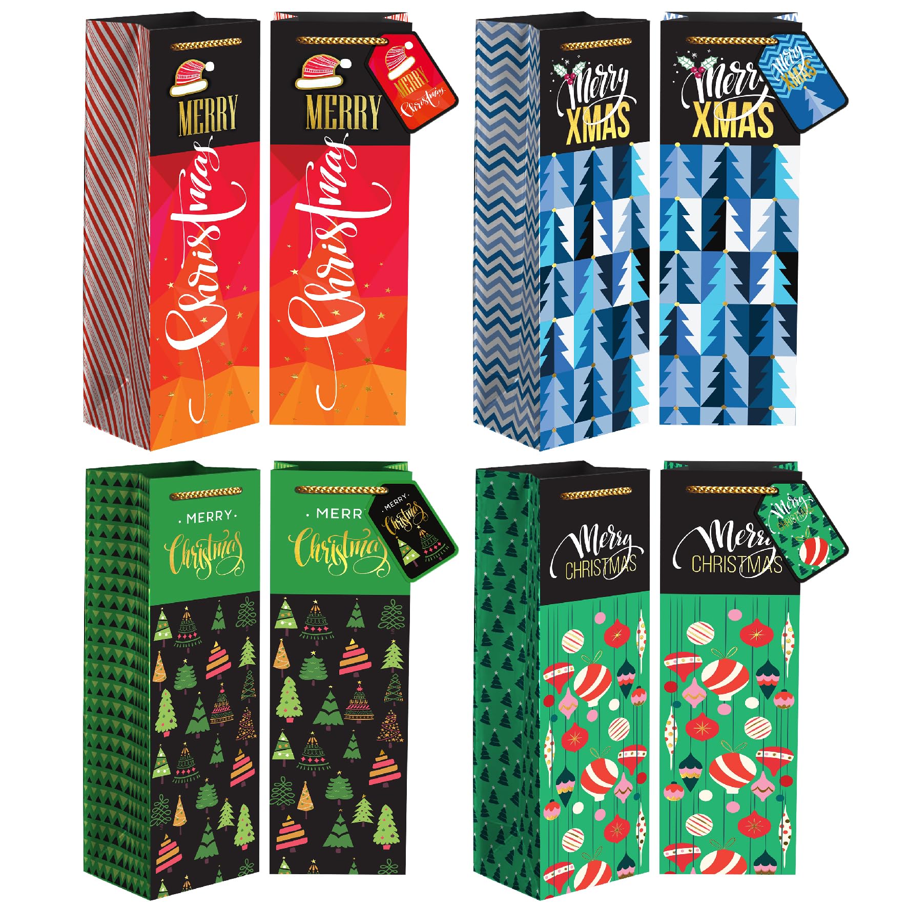 Easykart Labels Lot De 8 Sacs Cadeaux De Noël Résistants 4 Motifs 2 Accents En Aluminium 10,2 X 10,2 X 34,9 Cm