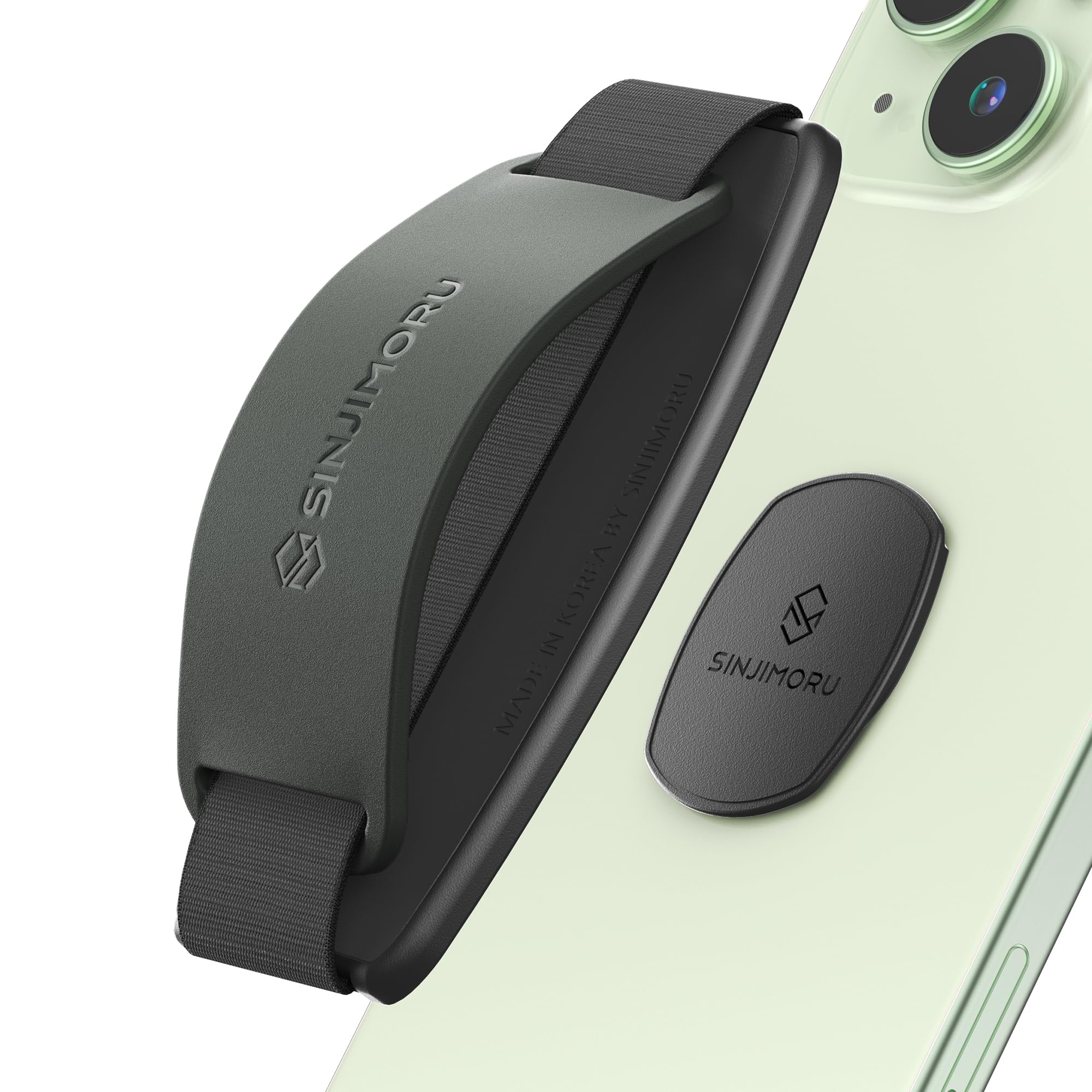 Sinjimoru Detachable Phone Grip Kickstand for Wireless Charging Compatible Phone Finger Holder for iPhone & Smartphones. Sinji Mount S-Grip Olive Grey