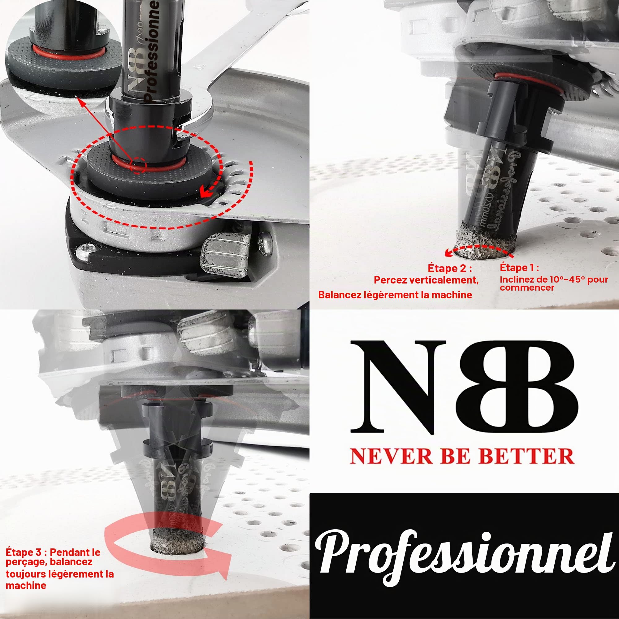 NBB Scie cloche diamant brasé sous vide avec M14, pour le forage à sec ou humide de manière professionnelle sur porcelaine dure, céramique, carrelage, granit, pour meuleuse d'angle (Dia.68mm)