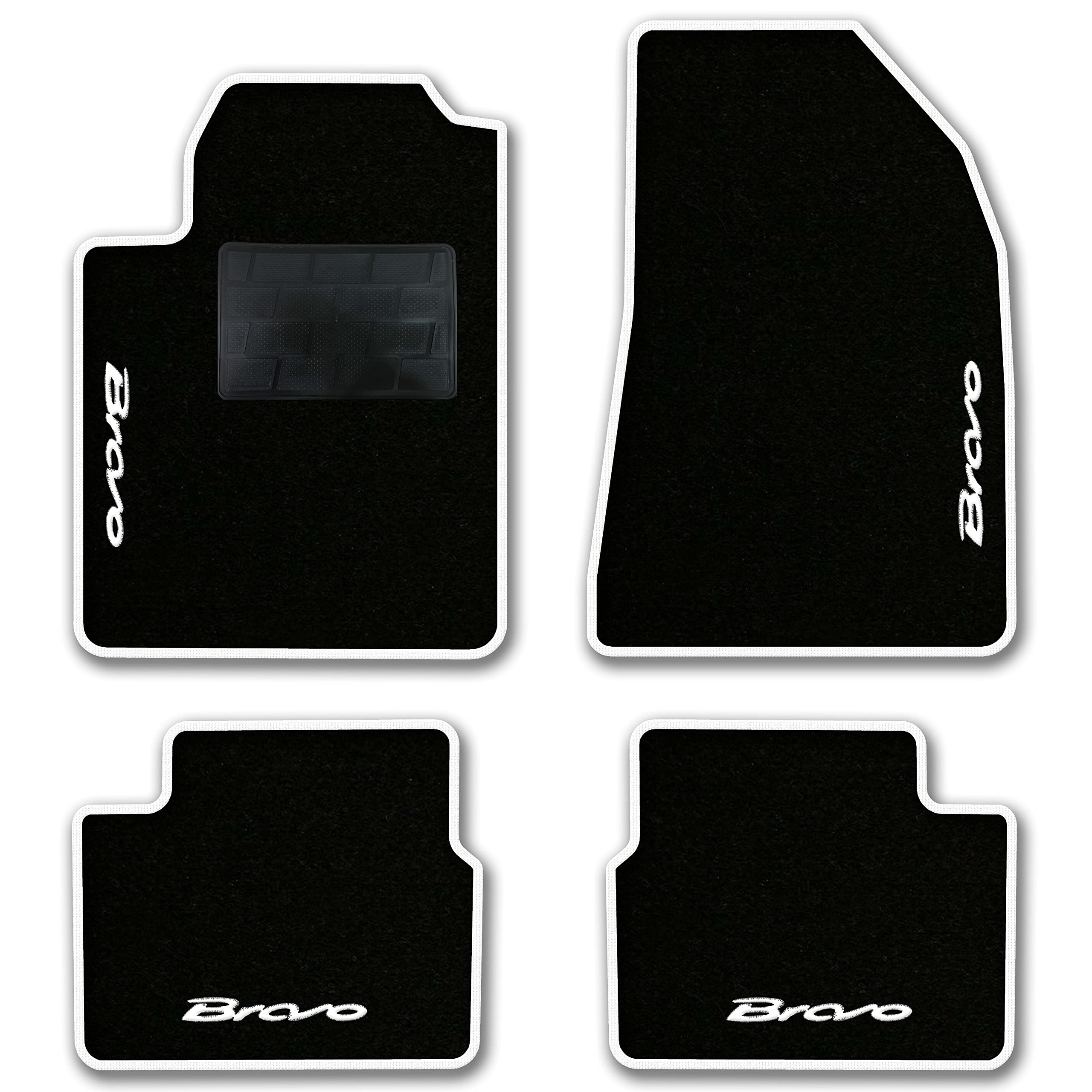 QUEMAR Tappetini Auto compatibili con Fiat Bravo (198) 2007-2014/ Kit Tappeti in Moquette e Gomma su Misura (Set 2 Anteriori + 2 Posteriori)/ Ricami e Colori Personalizzati (Bordo Bianco, 4 Ricami)