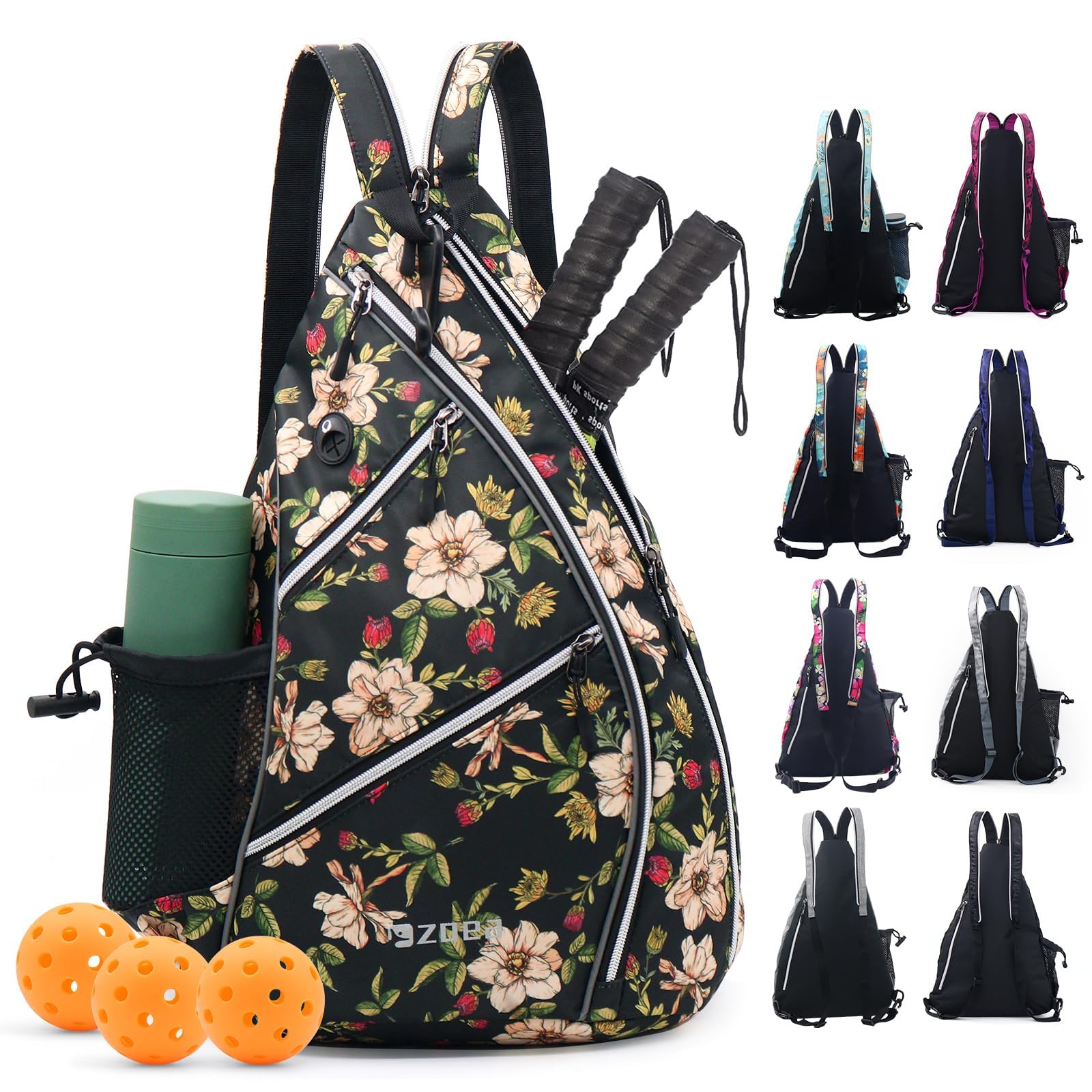 ZOEA Pickleball Bag, Sport Pickleball Sling Bag for Women Man, Adjustable Pickleball Backpack with Fence Hook Water Bottle Holder, Fits 4 Paddles and All Your Other Gear (Flower White)