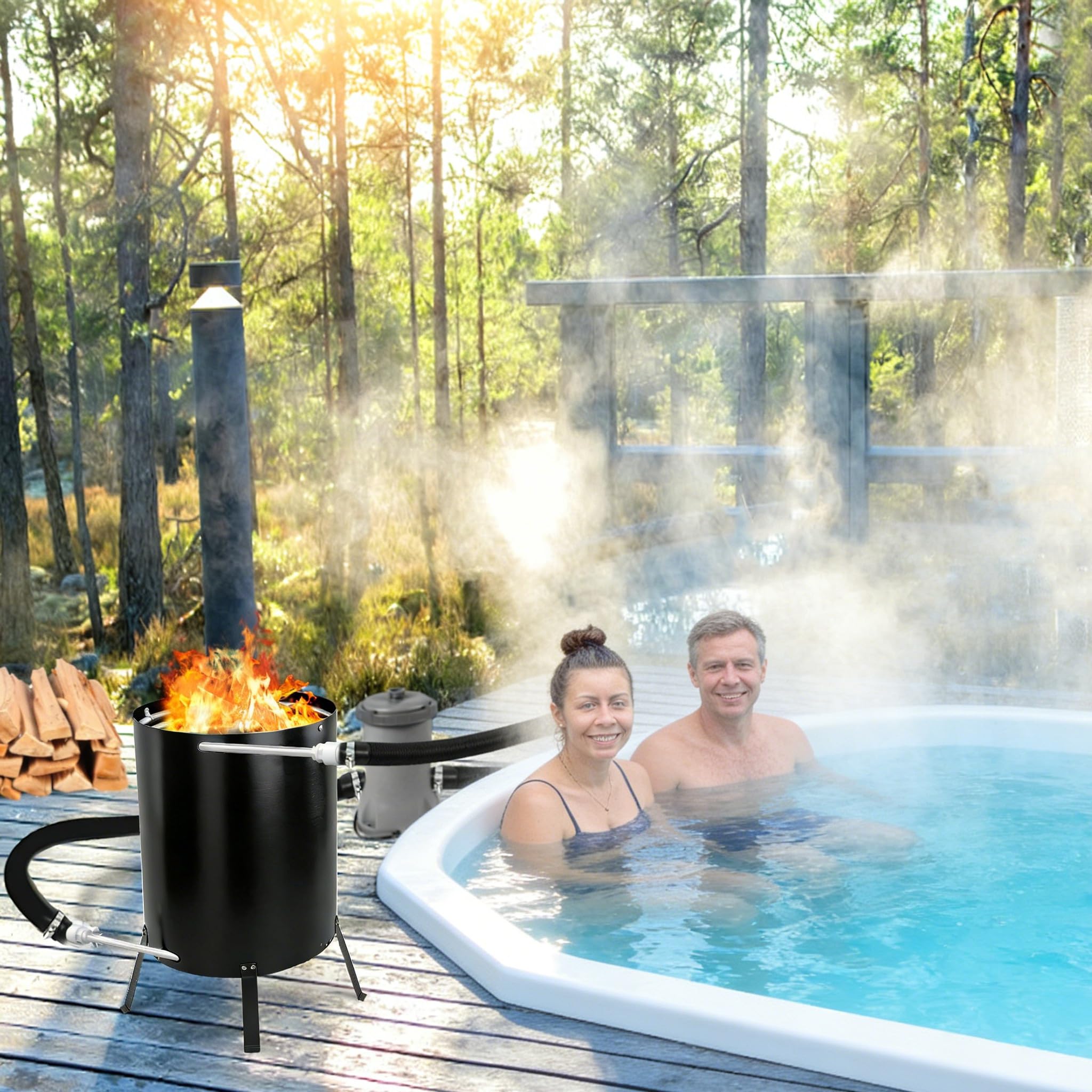 Barril de fuego con espiral de calefacción, diámetro de 32 mm/diámetro de 38 mm, estera ignífuga y bandeja colectora, color negro, ducha de jardín, calefacción, piscina, calentador de piscina