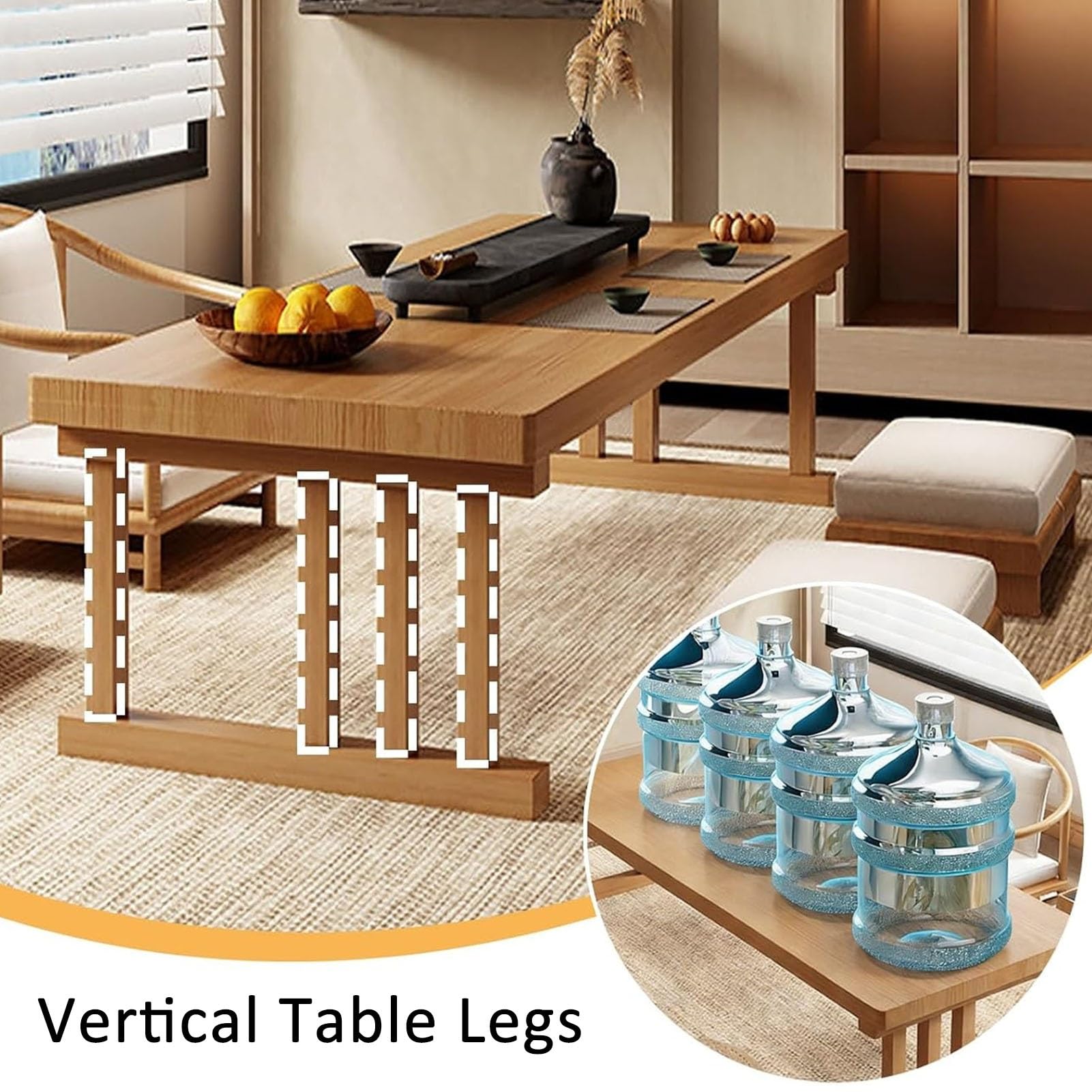 Mesa de Centro Japonesa Rectangular de Tatami de Madera, Mesa Baja con Amplia Superficie de Trabajo, Mesas de Té y Comedor para El Salón, Ventanal(Natural,42x24in/120x60cm)