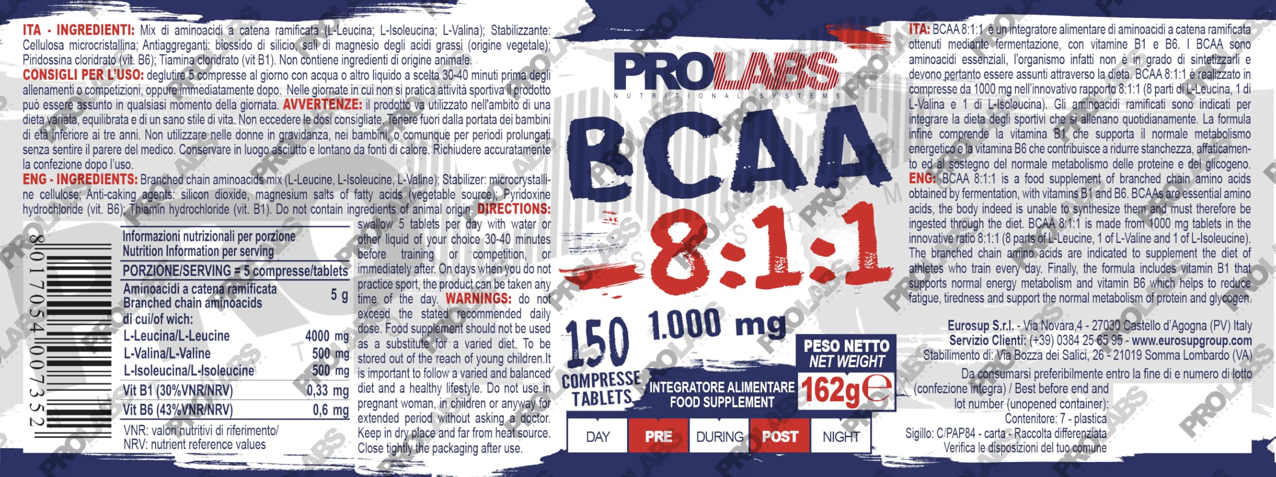 PROLABS – Bcaa Aminoacidi Ramificati Compresse 8.1.1, Amminoacidi 100% Veg con Vitamina B6, B1 e L-Leucina (8 parti) Crescita e Recupero Muscolare, Integratore Post e Pre Workout, 150 Tablet (1000 mg)