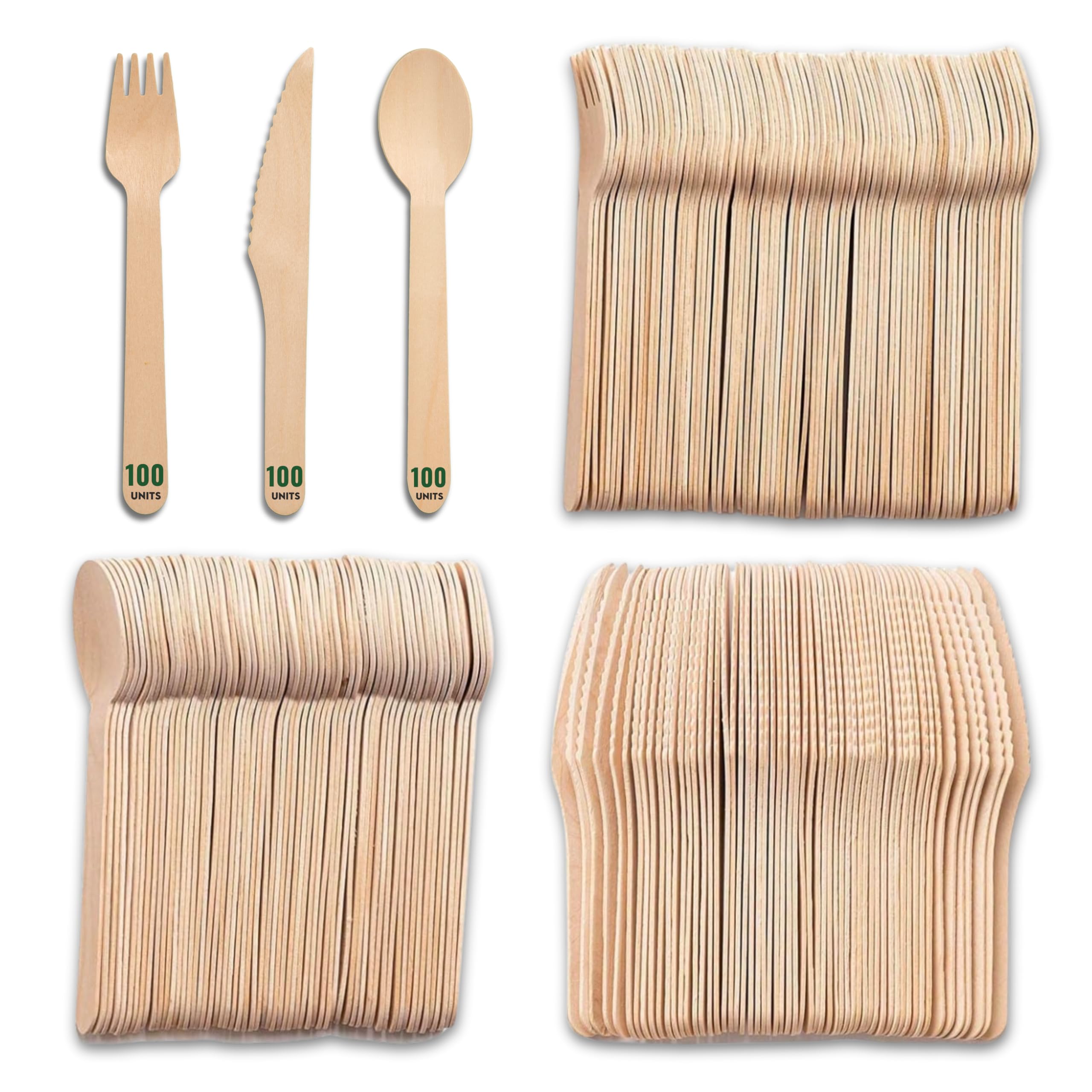 Juego de 100 tenedores + 100 cuchillos + 100 cucharas desechables de madera, cubiertos desechables, ideal para picnics y eventos