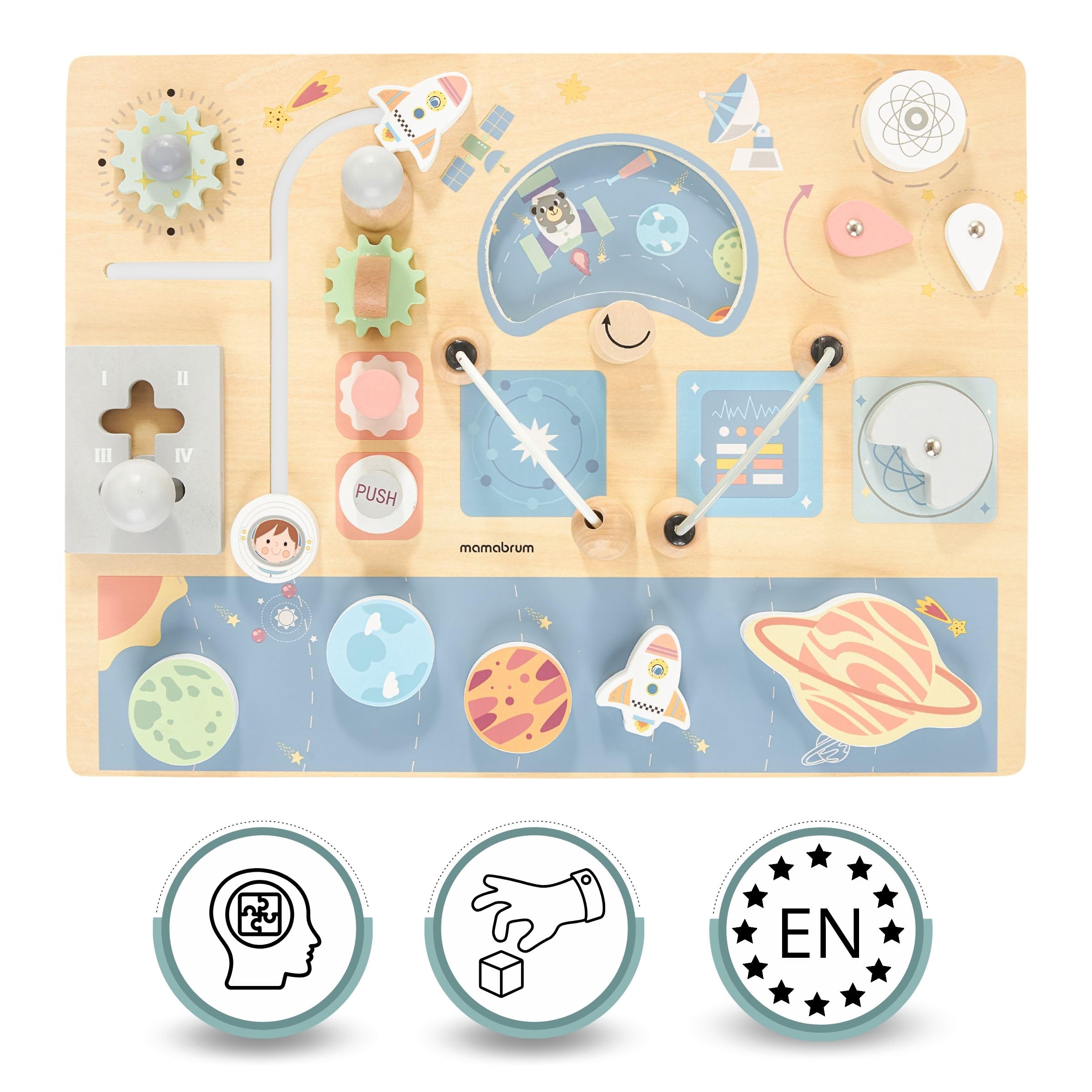 mamabrum Busy Board - Pannello Sensoriale Bambini Montessori in MDF 40 x 30 x 4 cm - Tema Spazio con Ruote, Pulsanti e Labirinto - Giocattolo Educativo per Bambini 18+ Mesi