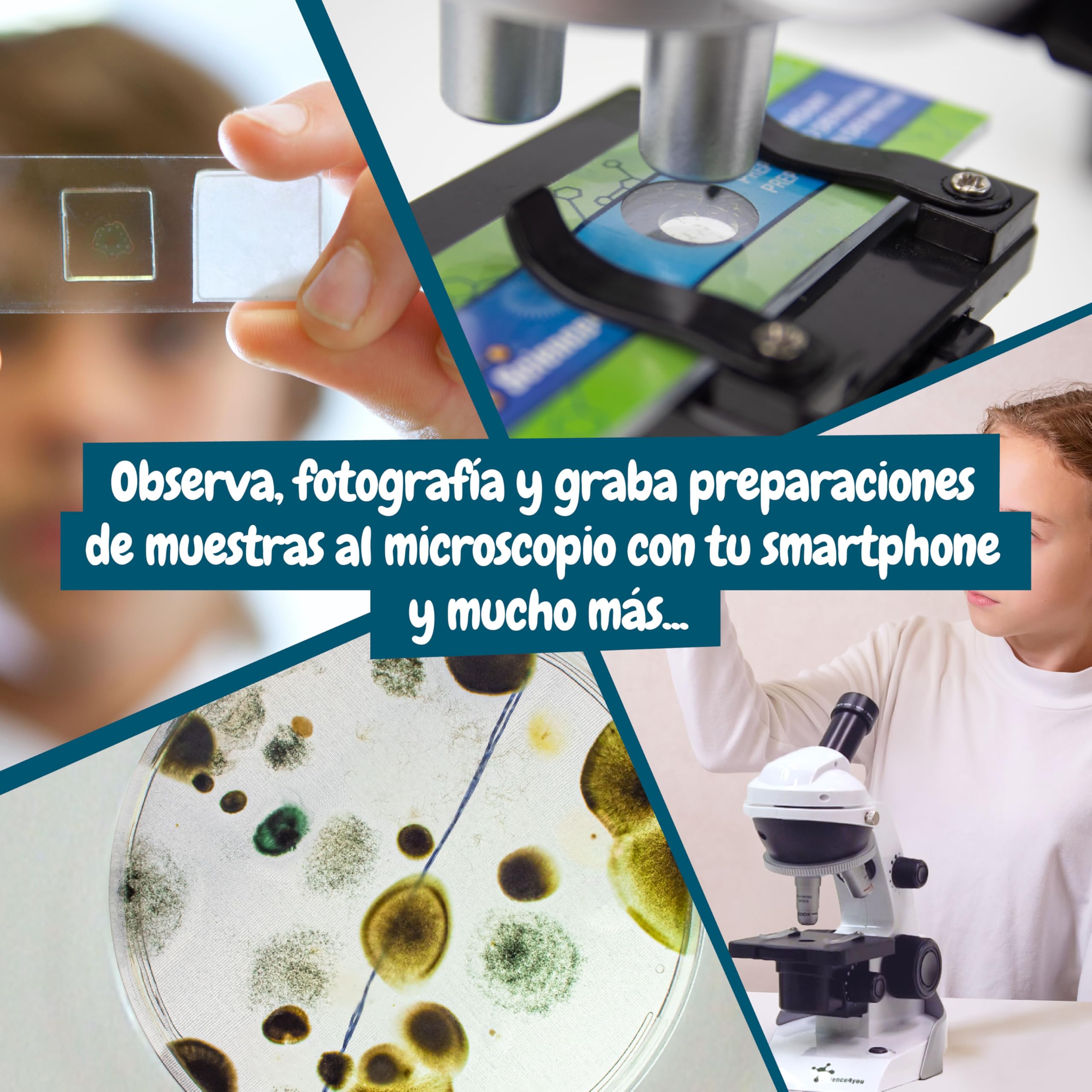 Science4you - Microscopio para Niños +8 Años - Laboratorio de Quimica: Microscopio con Soporte para Smartphone y Muestras Preparadas - Kit de Ciencia para Niña y Juegos Educativos Niños 7 8 9 10+ Años